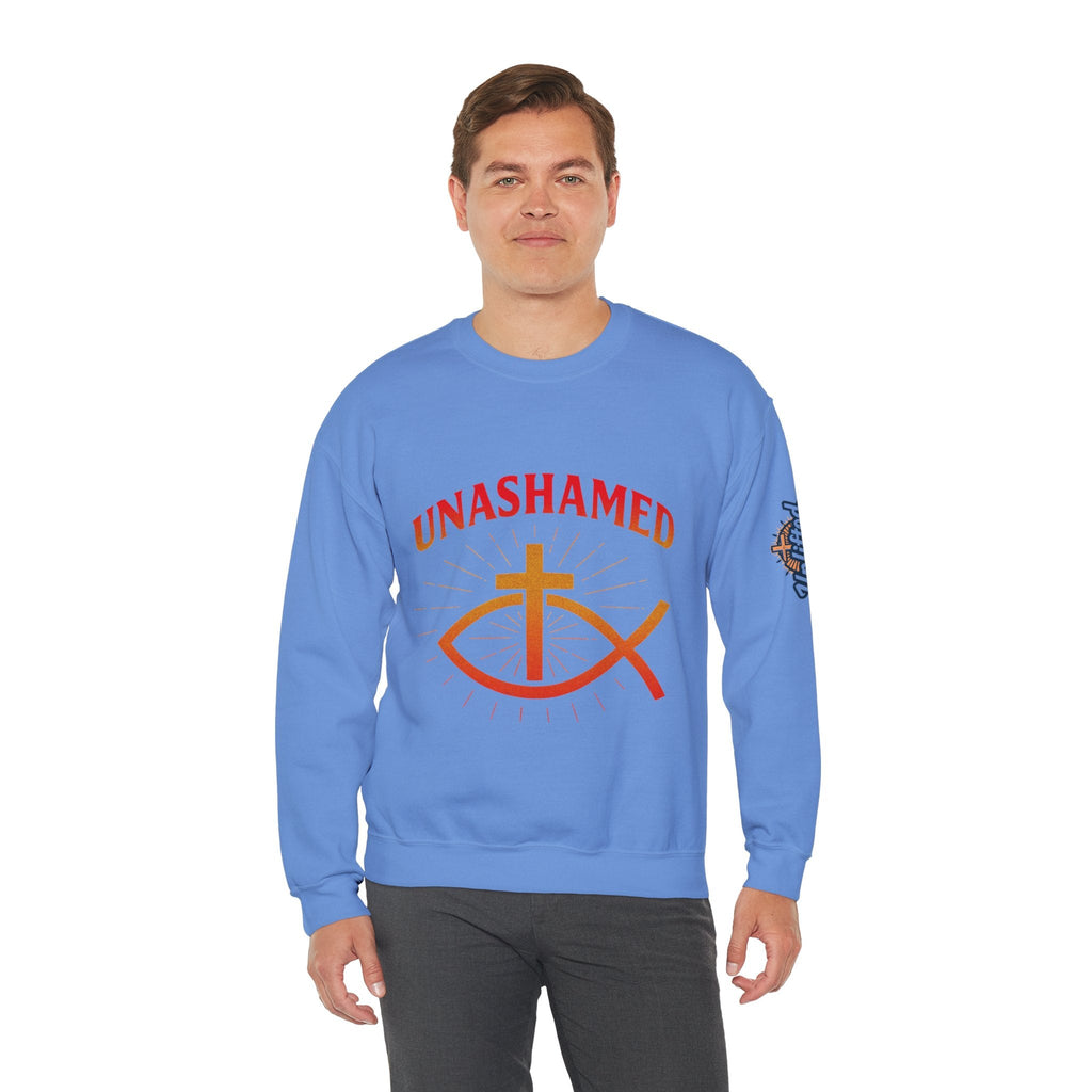 Unashamed Sweatshirt – Ichthys Jesus Fish & Cross Christian Sweatshirt for Romans 1:16 Bold Faith Printify
