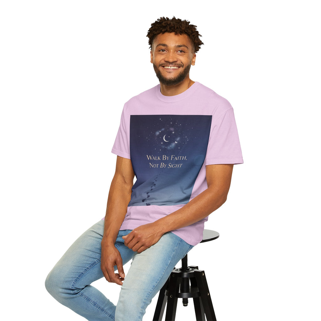Walk by Faith, Not by Sight T-Shirt – Footprints in the Sand Christian Moonlit Tee Printify