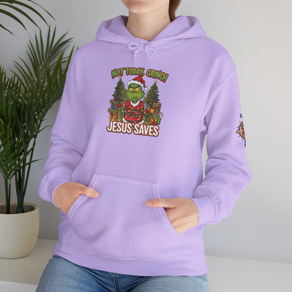 🎄 Not Today, Grinch – Jesus Saves | Funny Christian Christmas Hoodie | Sulking Grinch & Glowing Cross | Bold Neon Faith Tee by Uplifted Gear Printify