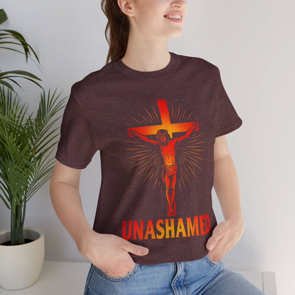 Unashamed T-shirt – Romans 1:16 Crucifixion Christian t-shirt for Bold Unwavering Faith Printify