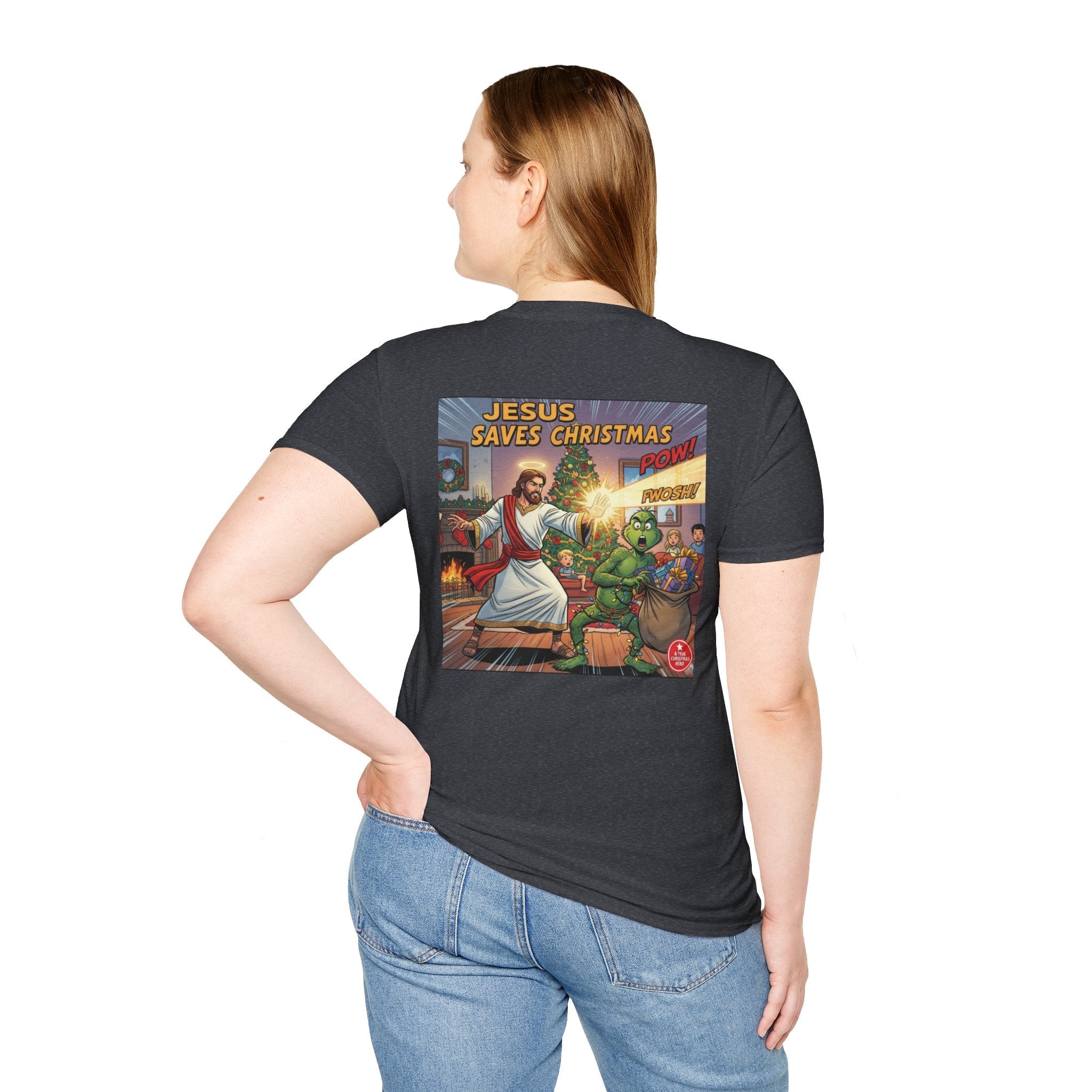 Jesus Saves Christmas T-shirt – Grinch vs Savior Light Battle Christian T-shirt for Hilarious Holiday Faith & True Joy Printify