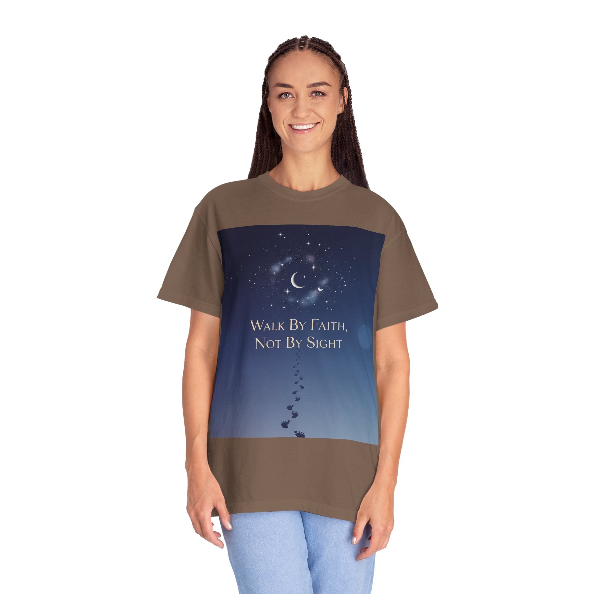 Walk by Faith, Not by Sight T-Shirt – Footprints in the Sand Christian Moonlit Tee Printify