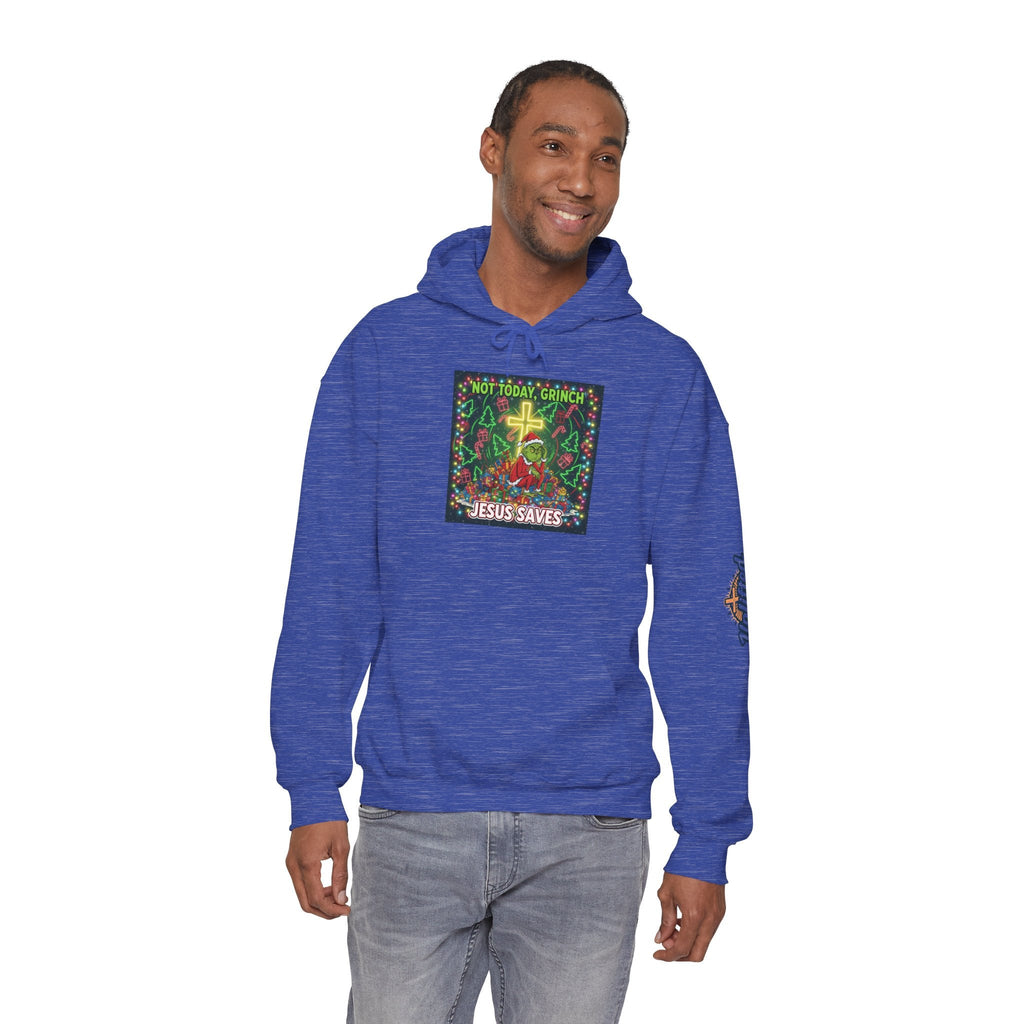 🎄 Not Today, Grinch – Jesus Saves | Funny Christian Christmas Hoodie | Festive Green & Red Cartoon Style | Bold Faith Holiday Tee by Uplifted Gear Printify