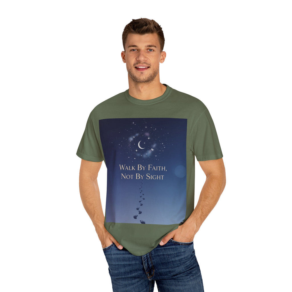 Walk by Faith, Not by Sight T-Shirt – Footprints in the Sand Christian Moonlit Tee Printify