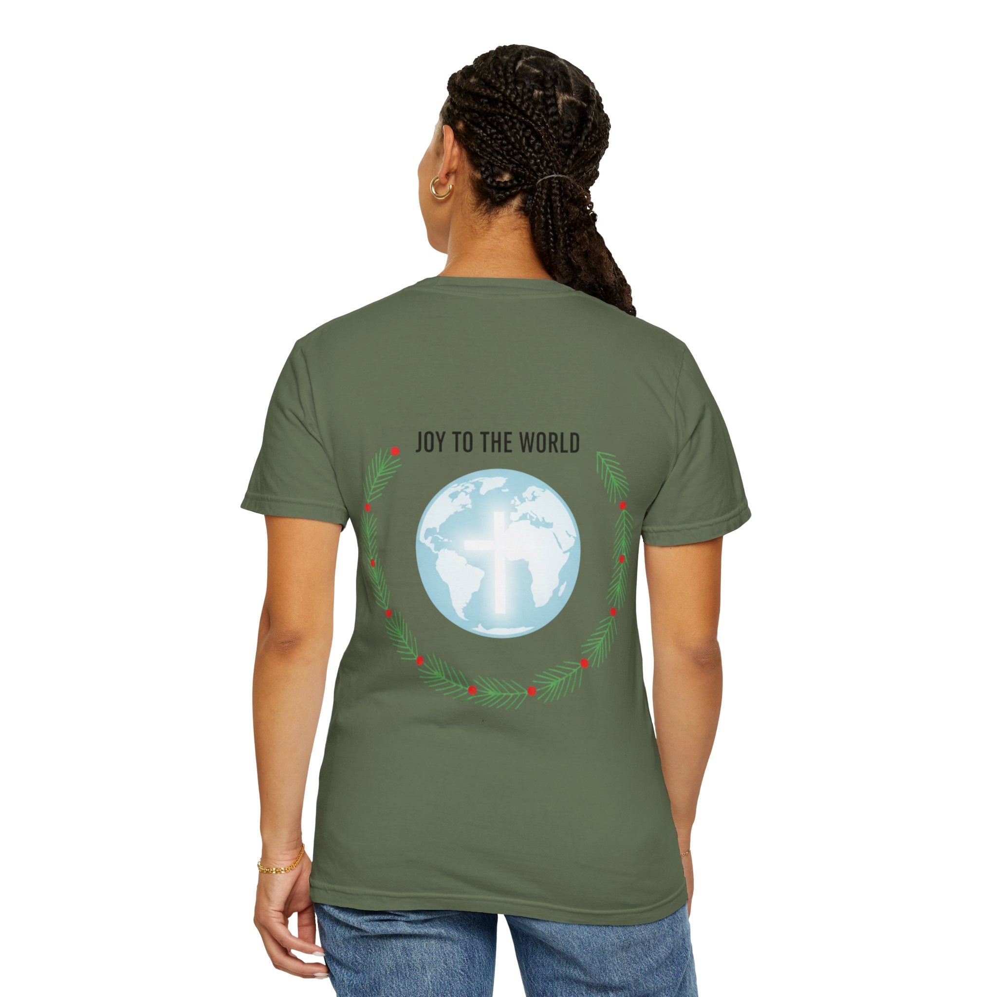 Joy to the World T-shirt – Wreath Earth Nativity Christian Christmas T-shirt for Isaiah 9:6 Holiday Faith & Festive Joy Printify