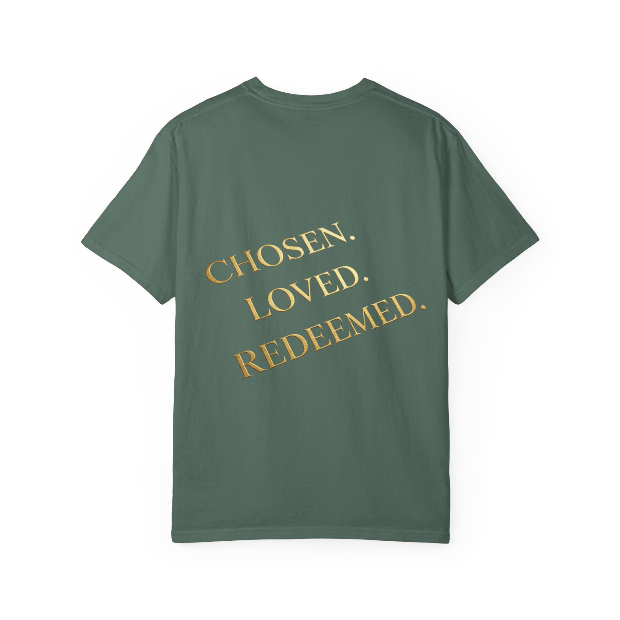 ✨ Chosen. Loved. Redeemed. – Elegant Christian T-Shirt | Gold Foil Faith Tee | Subtle Cross & Heart Design | Inspirational Bible Verse Apparel by Uplifted Gear Printify