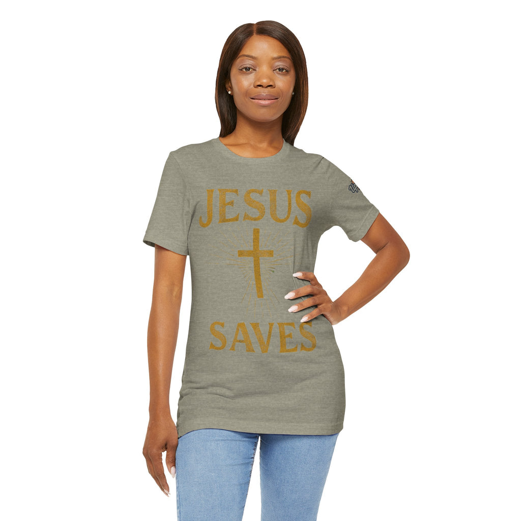 Jesus Saves T-shirt – Radiant Cross & Rays of Light Christian T-shirt for Eternal Hope & Faith Printify