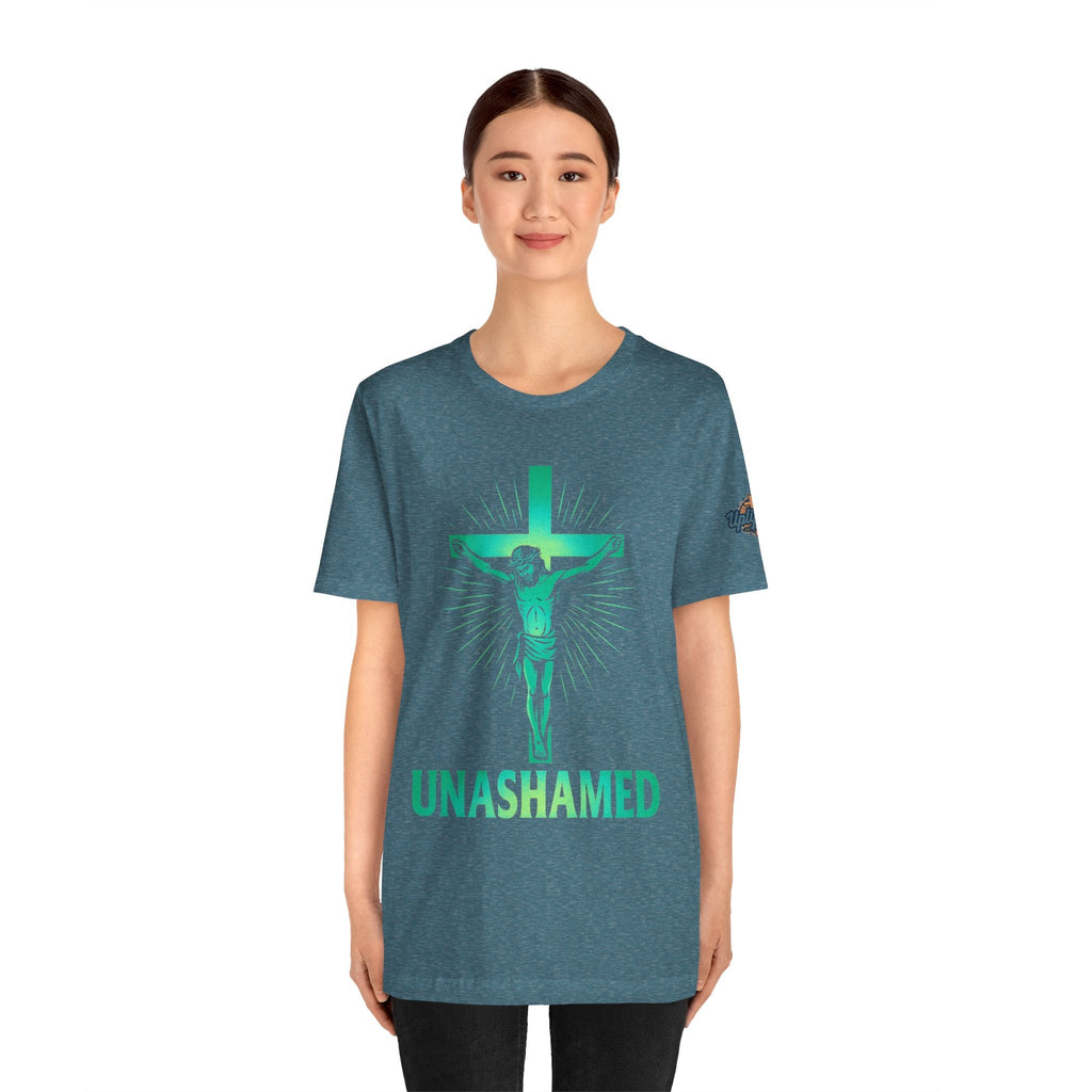 Unashamed T-shirt – Romans 1:16 Crucifixion Christian t-shirt for Bold Unwavering Faith Printify
