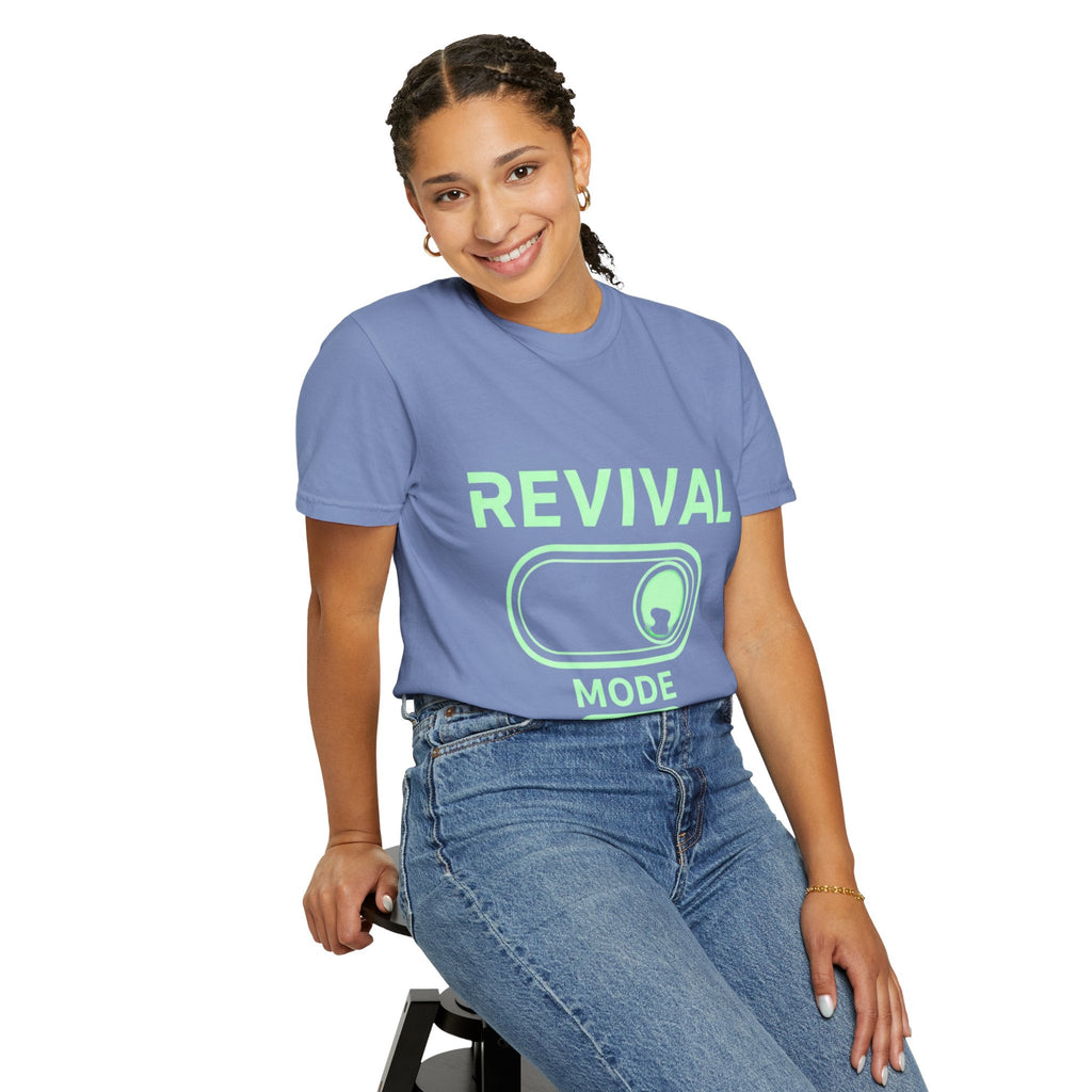 🔥 Revival Mode: ON – Christian Techwear T-Shirt | Glowing Green Faith Switch | Futuristic Jesus Shirt | Activate Your Spiritual Awakening | Uplifted Gear Printify