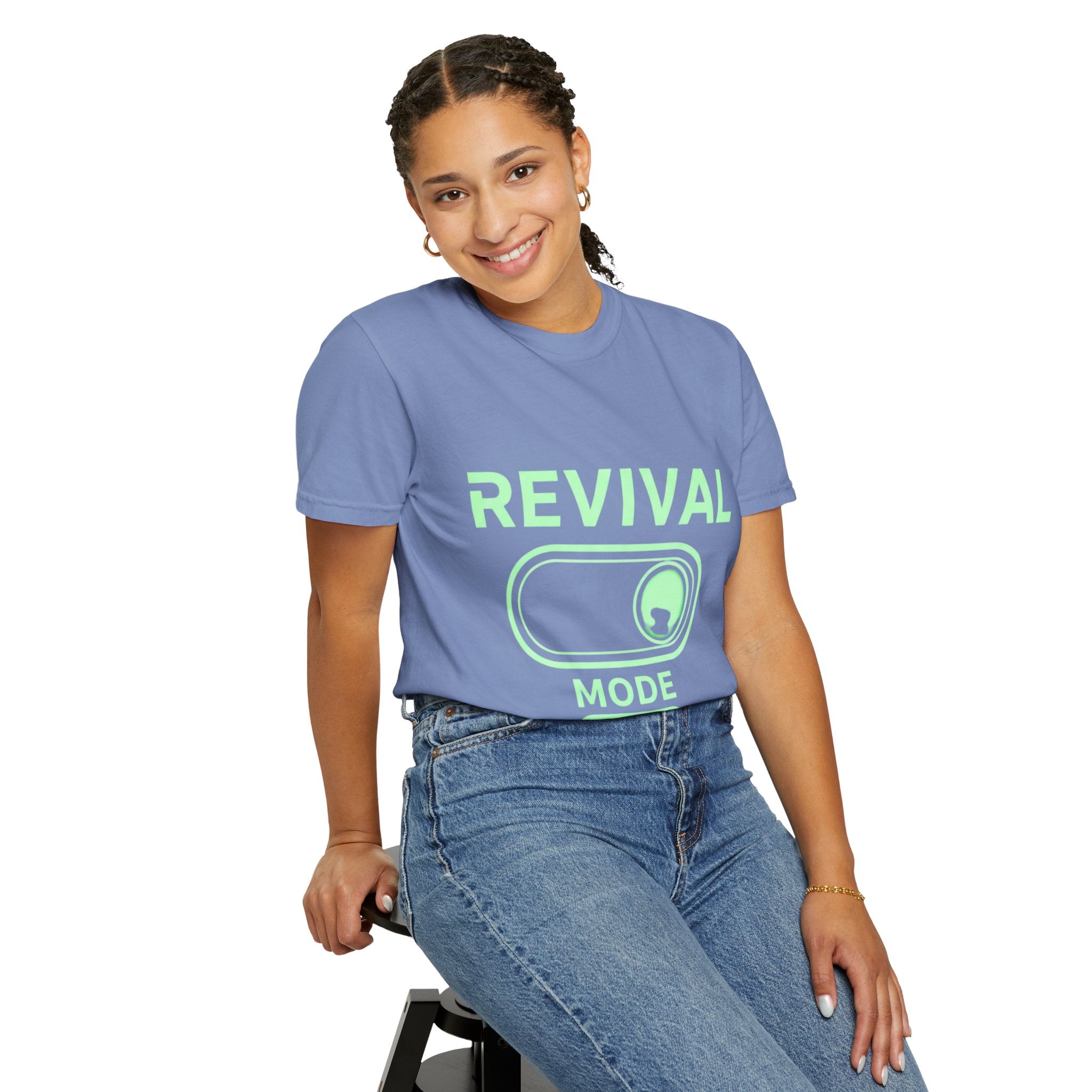 🔥 Revival Mode: ON – Christian Techwear T-Shirt | Glowing Green Faith Switch | Futuristic Jesus Shirt | Activate Your Spiritual Awakening | Uplifted Gear Printify