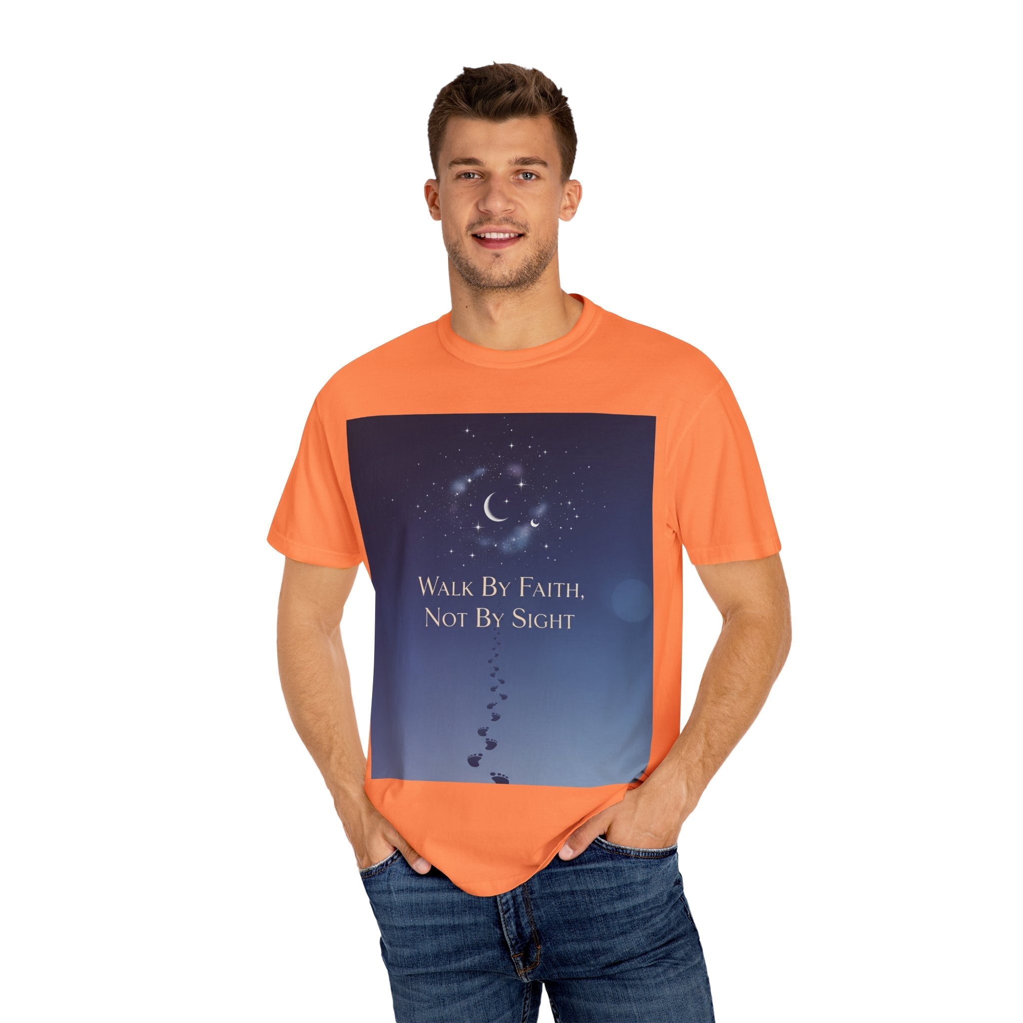 Walk by Faith, Not by Sight T-Shirt – Footprints in the Sand Christian Moonlit Tee Printify