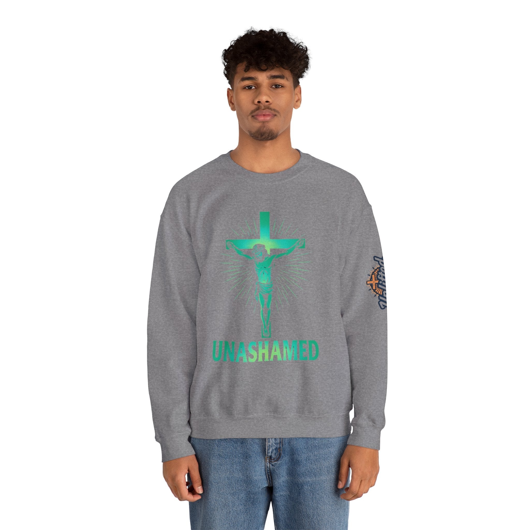 Unashamed Sweatshirt – Romans 1:16 Crucifixion Christian Sweatshirt for Bold Unwavering Faith Printify