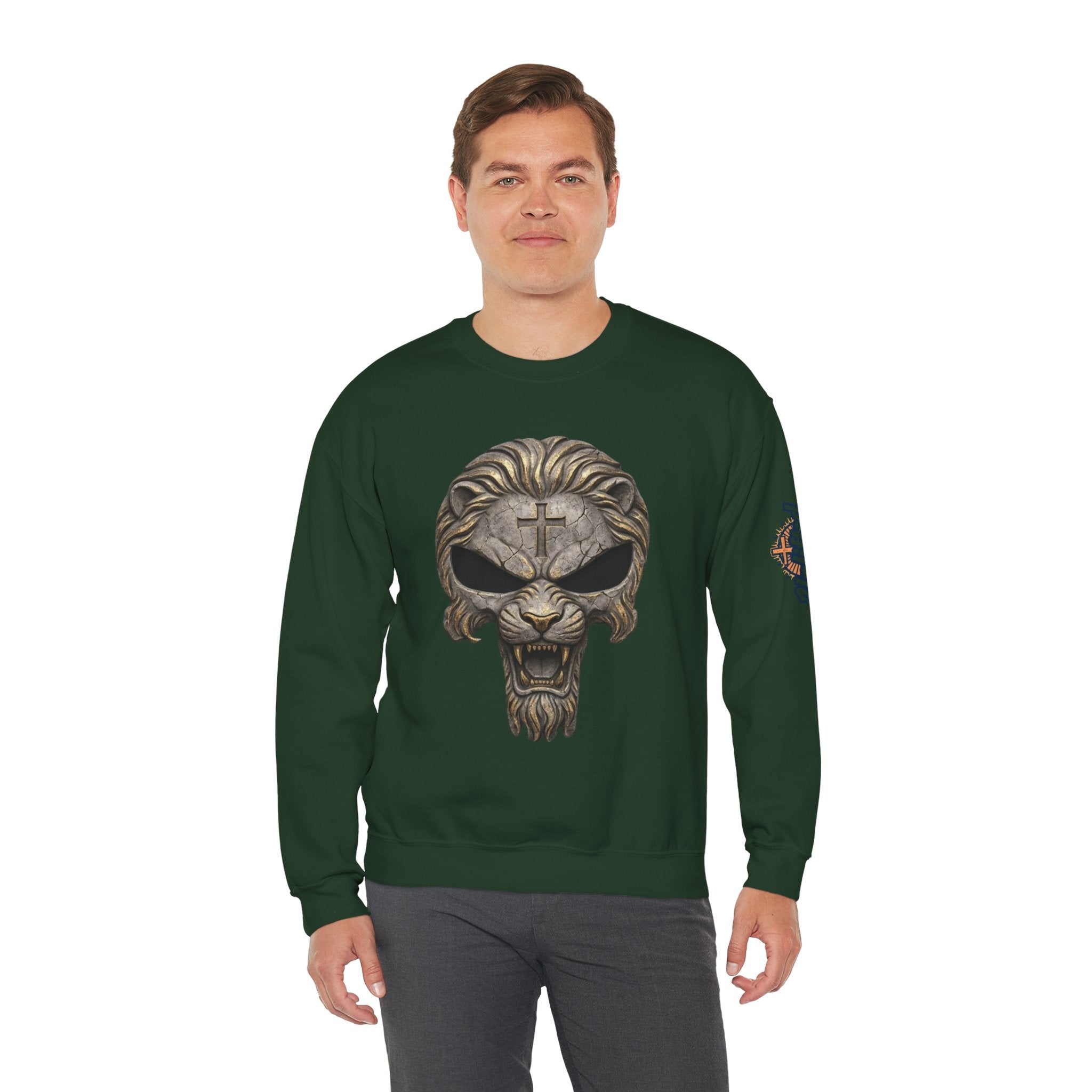 Lion of Judah Skull Christian Sweatshirt - Warrior Faith Cross Sweatshirt Printify