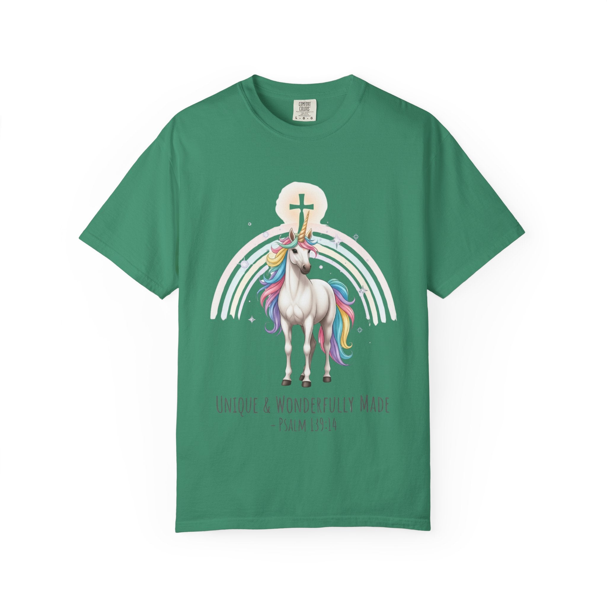 Unique Unicorn Christian T-Shirt – Wonderfully Made with Rainbow Cross & Psalm 139:14 Printify