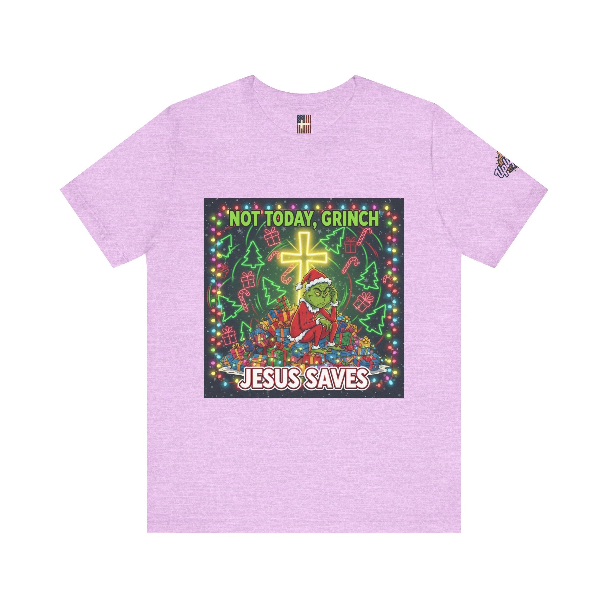 🎄 Not Today, Grinch – Jesus Saves | Funny Christian Christmas T-Shirt | Festive Green & Red Cartoon Style | Bold Faith Holiday Tee by Uplifted Gear Printify
