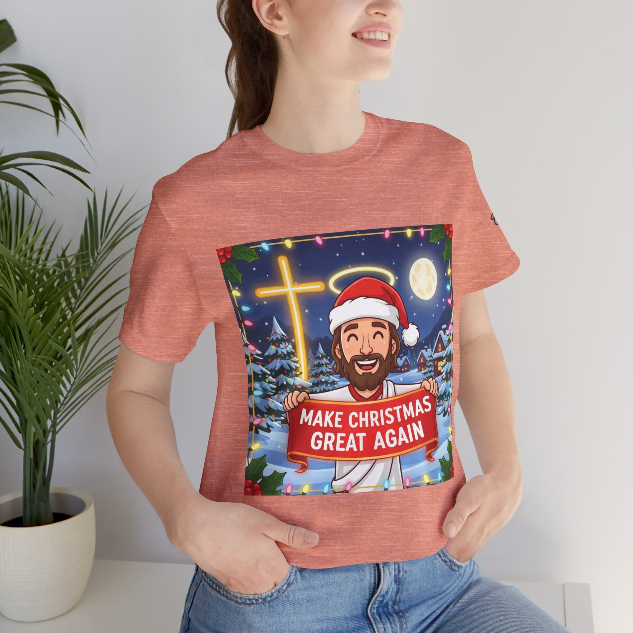 🎄 Make Christmas Great Again – Funny Christian T-Shirt | Jesus Holding Banner | Faith-Based Holiday Parody Tee | Uplifted Gear Printify