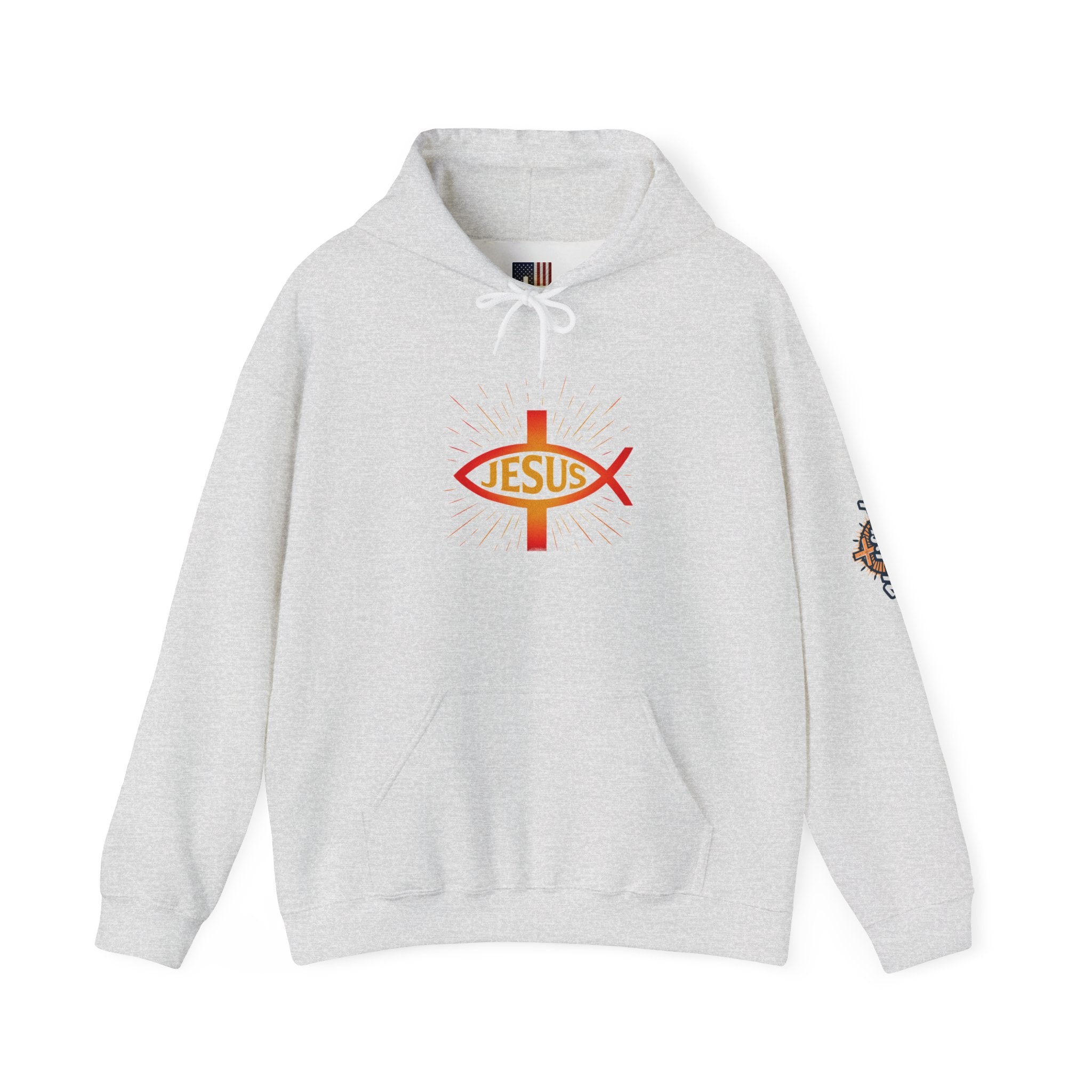 Jesus Ichthys Hoodie – Christian Fish Symbol with Cross & Jesus Inscription Sweatshirt for Eternal Faith & Streetwear Printify
