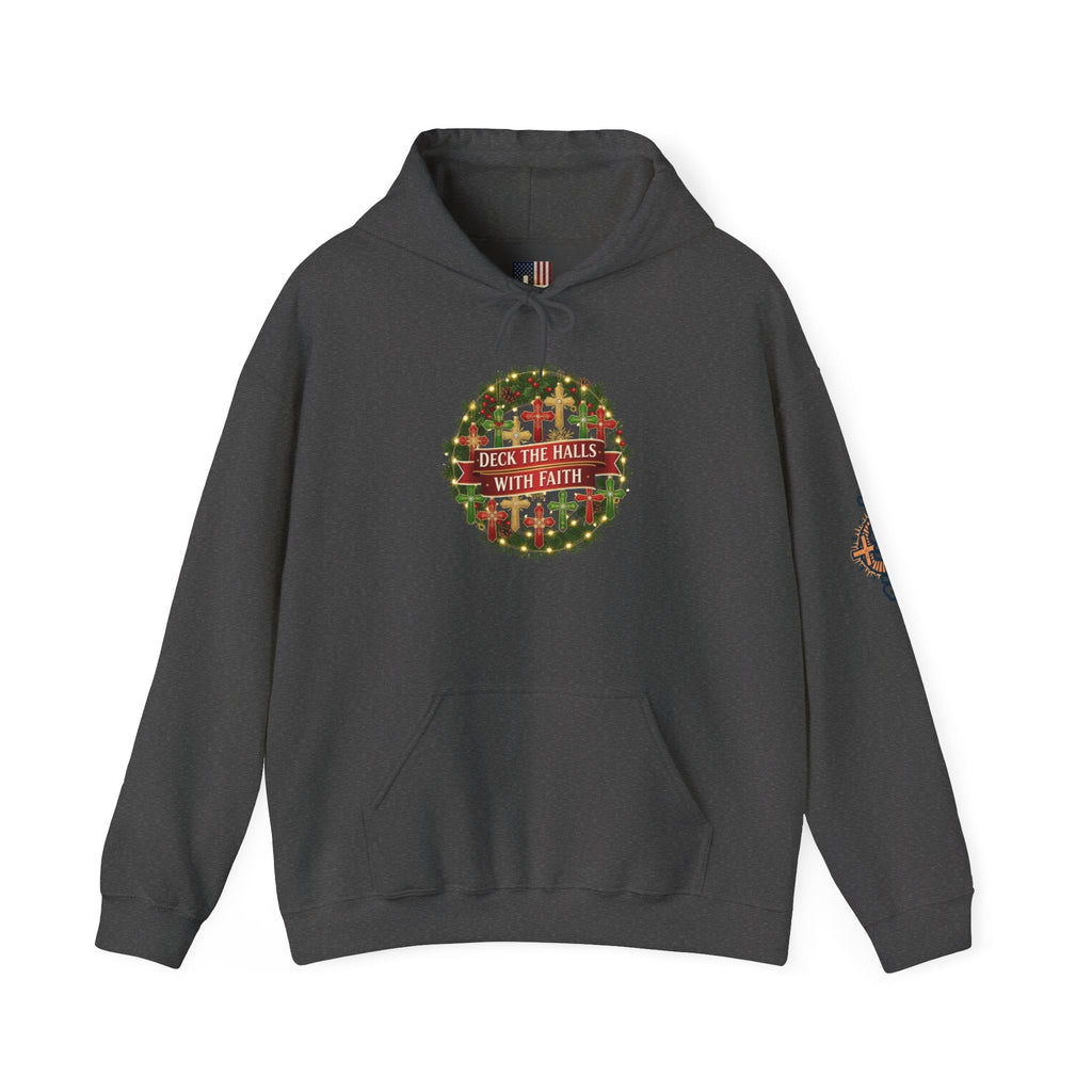 🎄 Deck the Halls with Faith – Christian Christmas Hoodie | Cross Ornament Design & Festive Garland | Bold Holiday Faith Tee by Uplifted Gear Printify