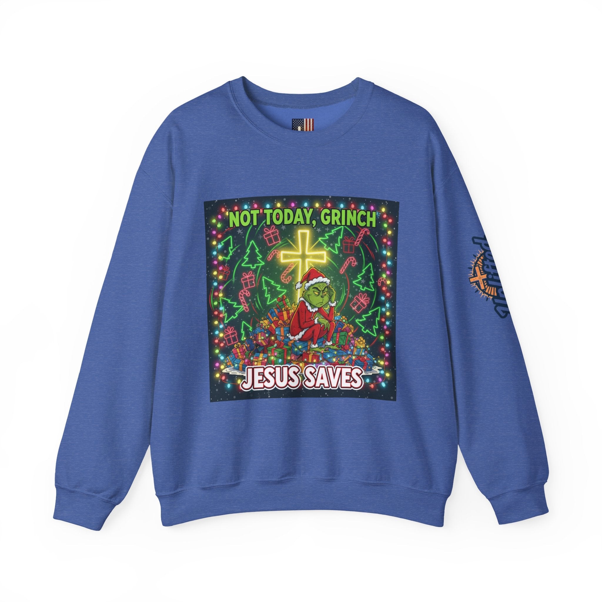 🎄 Not Today, Grinch – Jesus Saves | Funny Christian Christmas Sweatshirt | Festive Green & Red Cartoon Style | Bold Faith Holiday Tee by Uplifted Gear Printify