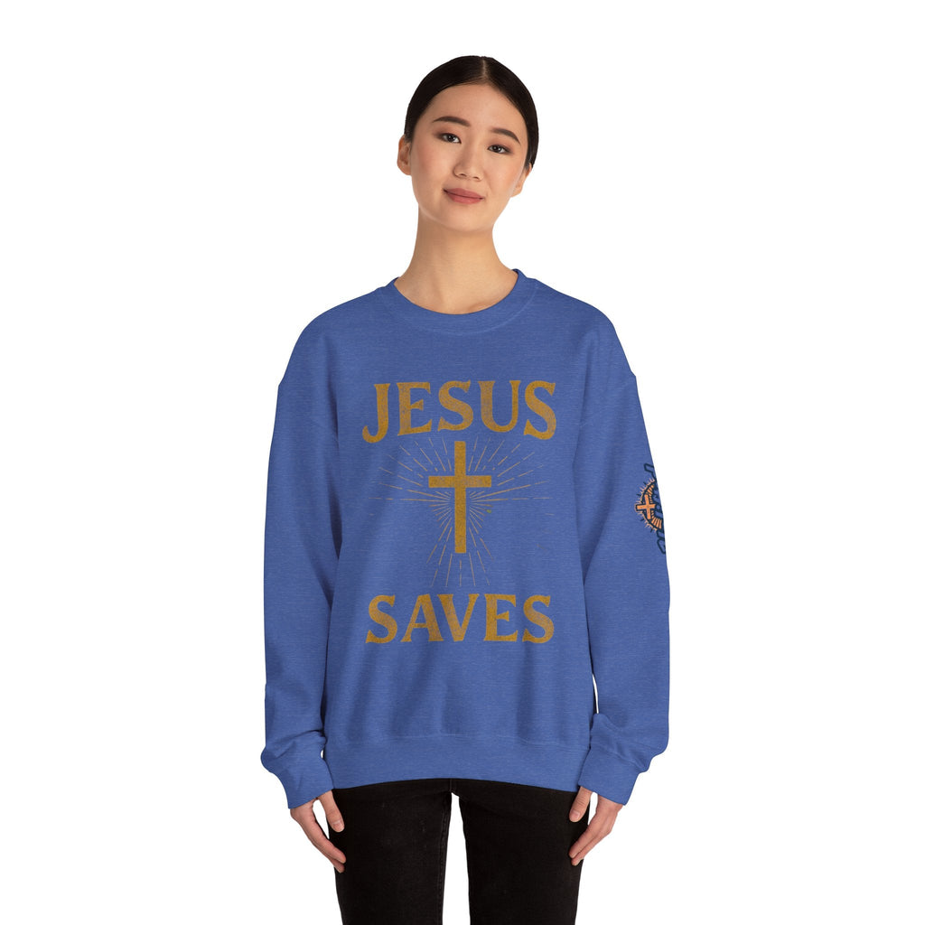 Jesus Saves Sweatshirt – Radiant Cross & Rays of Light Christian Sweatshirt for Eternal Hope & Faith Printify