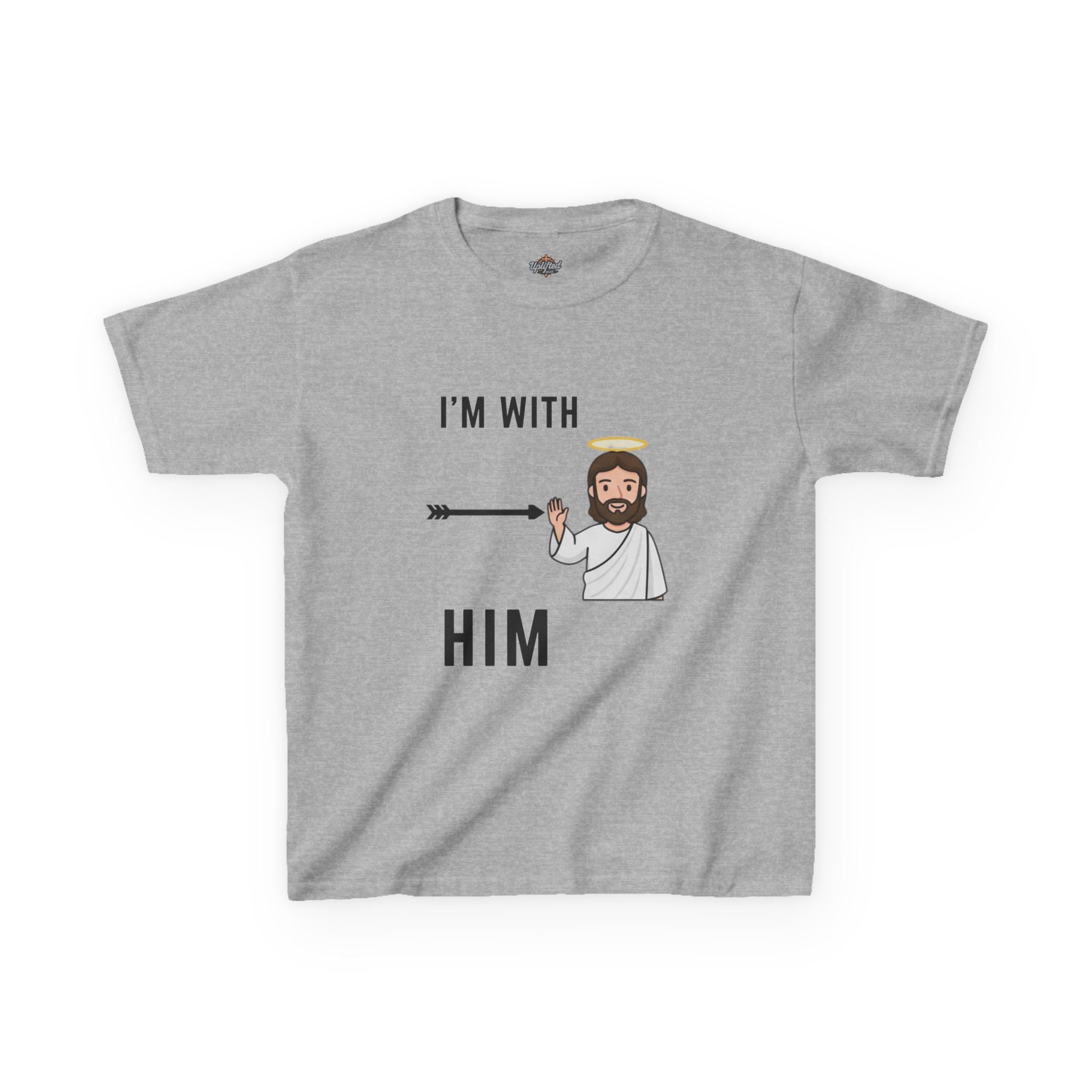 🔥 I’m With Him → Christian Kids T-Shirt | Arrow Pointing to Jesus | Minimalist Faith Tee | Subtle Cross Design | Bible-Inspired Apparel by Uplifted Gear Printify