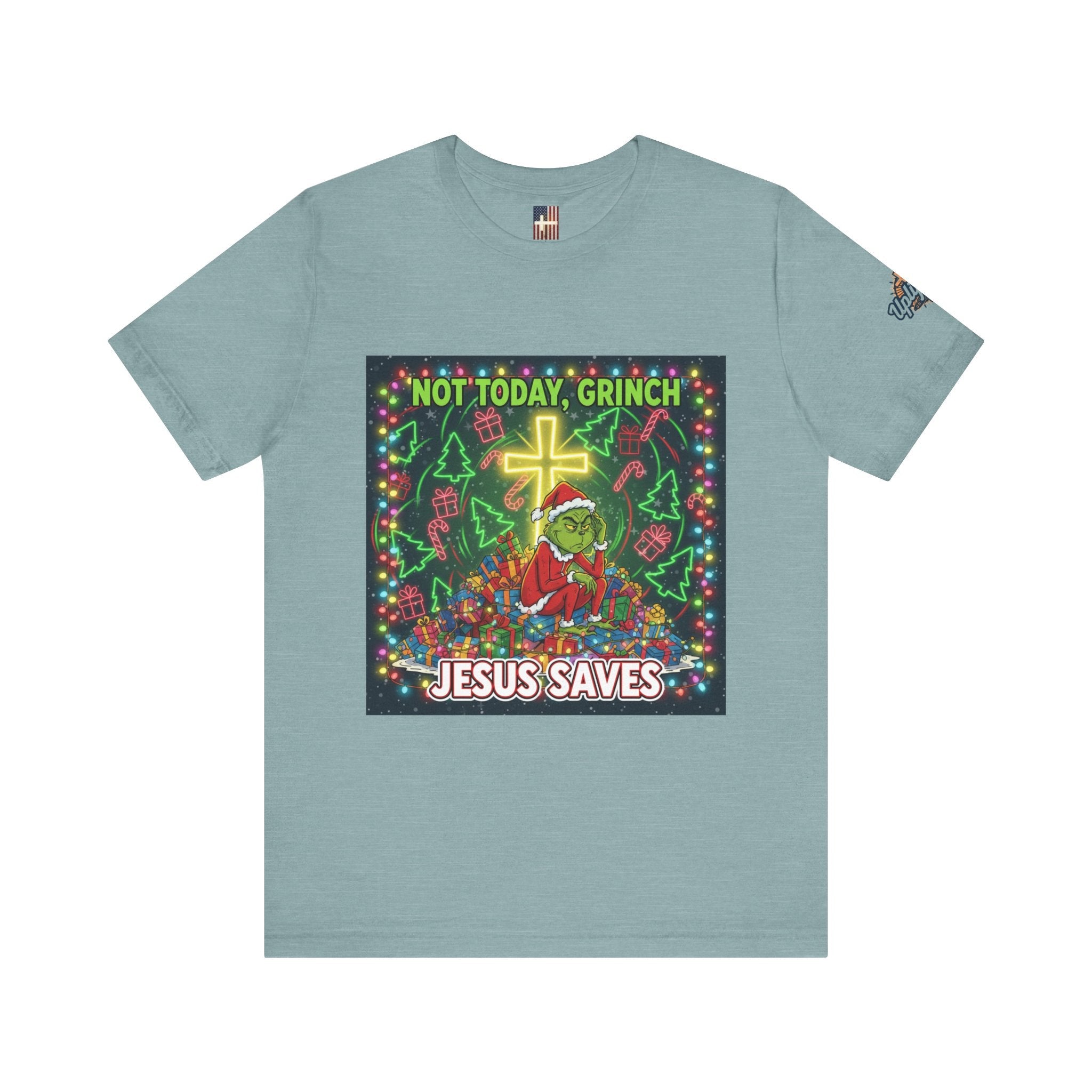 🎄 Not Today, Grinch – Jesus Saves | Funny Christian Christmas T-Shirt | Festive Green & Red Cartoon Style | Bold Faith Holiday Tee by Uplifted Gear Printify