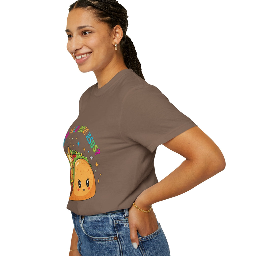 Wanna Taco 'Bout Jesus? Funny Christian Pun T-Shirt – Lettuce Pray & Share Faith! Printify