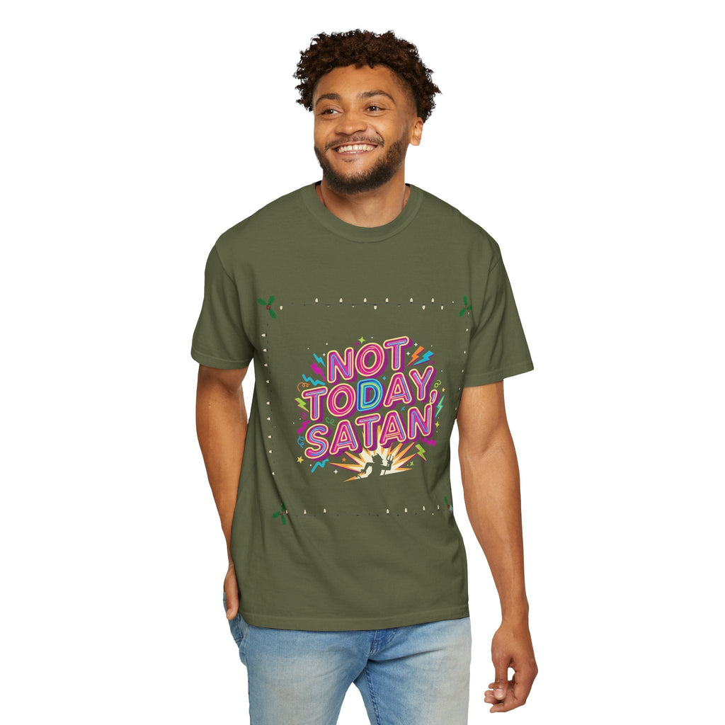 🔥 Not Today, Satan – Retro 90s Christian T-Shirt | Neon Faith Tee | Funky Cartoon Devil | Bold Bible Verse Shirt | Uplifted Gear Printify