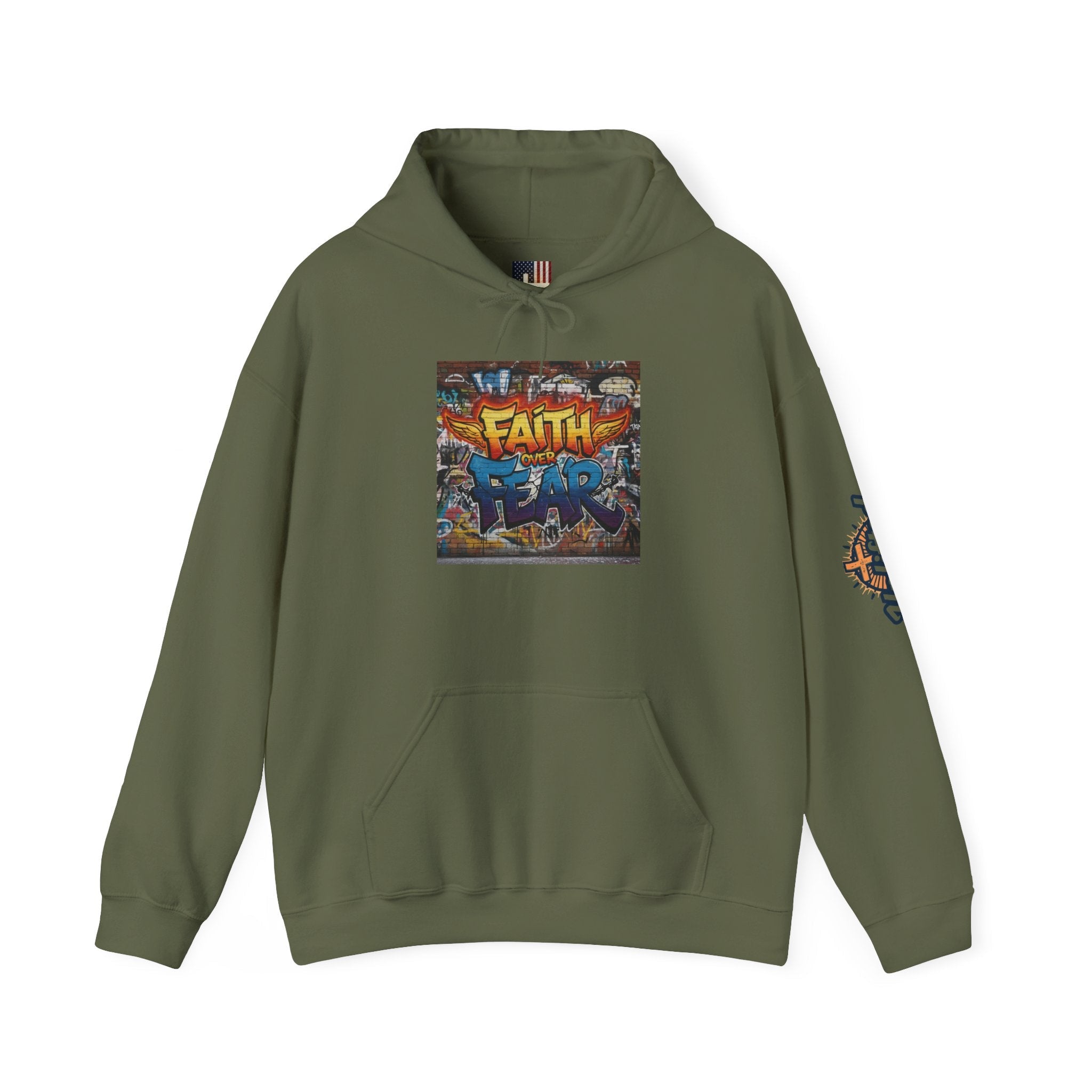 Faith Over Fear Hoodie – Graffiti Wall Christian Sweatshirt for Bold 2 Corinthians 5:7 Streetwear & Unshakable Faith Printify