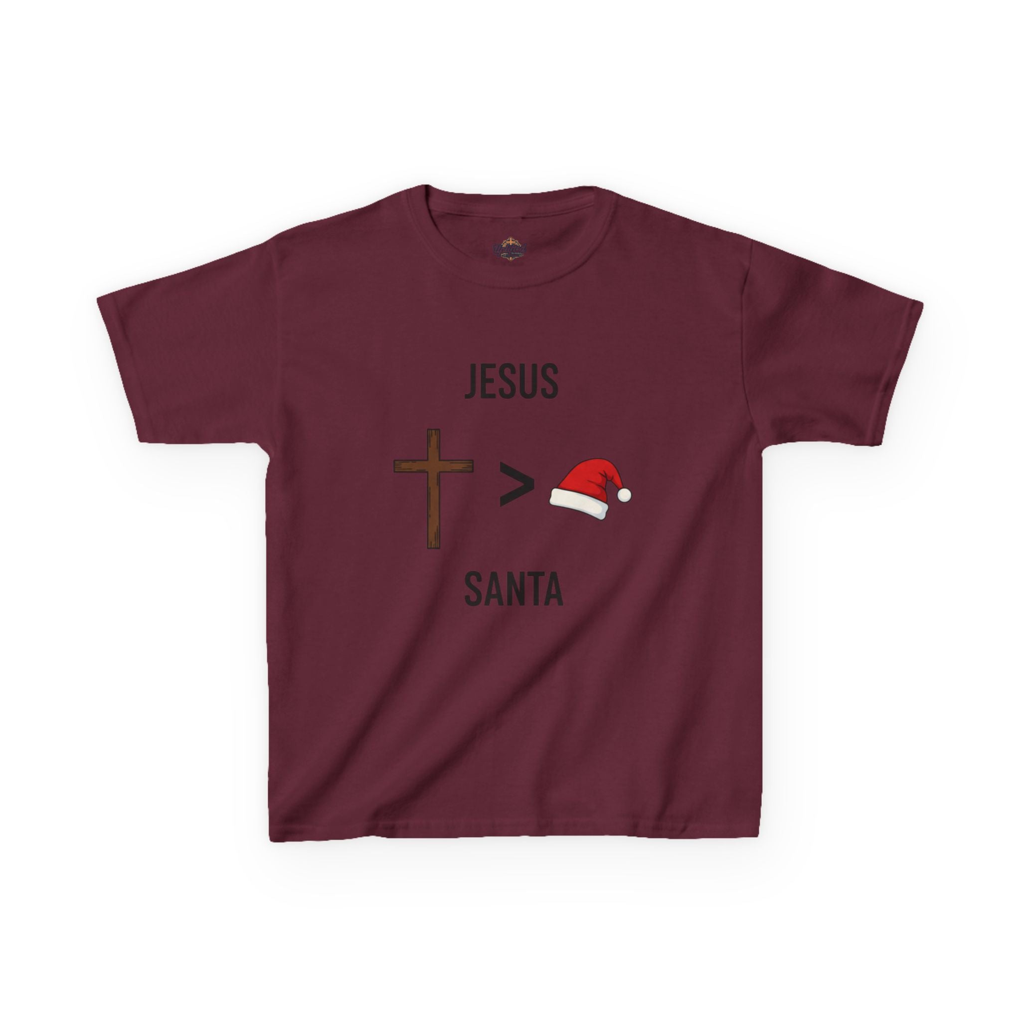 🎄 Jesus > Santa – Minimalist Christian Christmas Kids T-Shirt | Bold Faith Over Holiday Tee | Cross vs Santa Hat Design | Uplifted Gear Printify