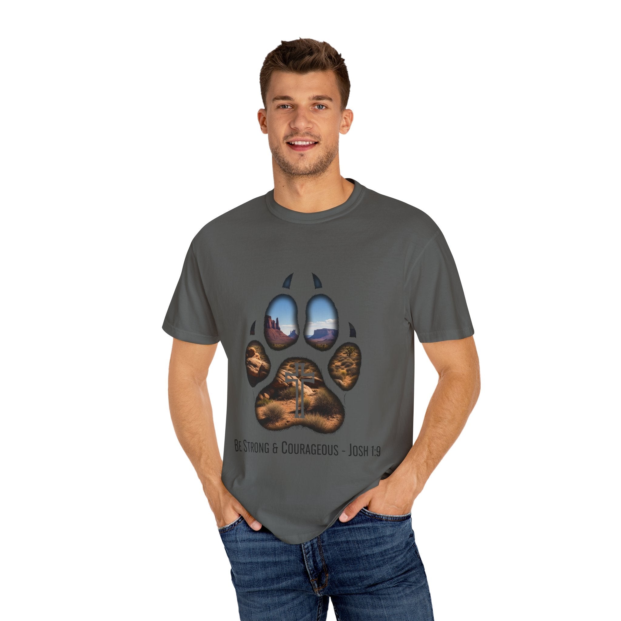 Strong and Courageous T-Shirt – Canine Pawprint Desert Joshua 1:9 Christian Tee Printify