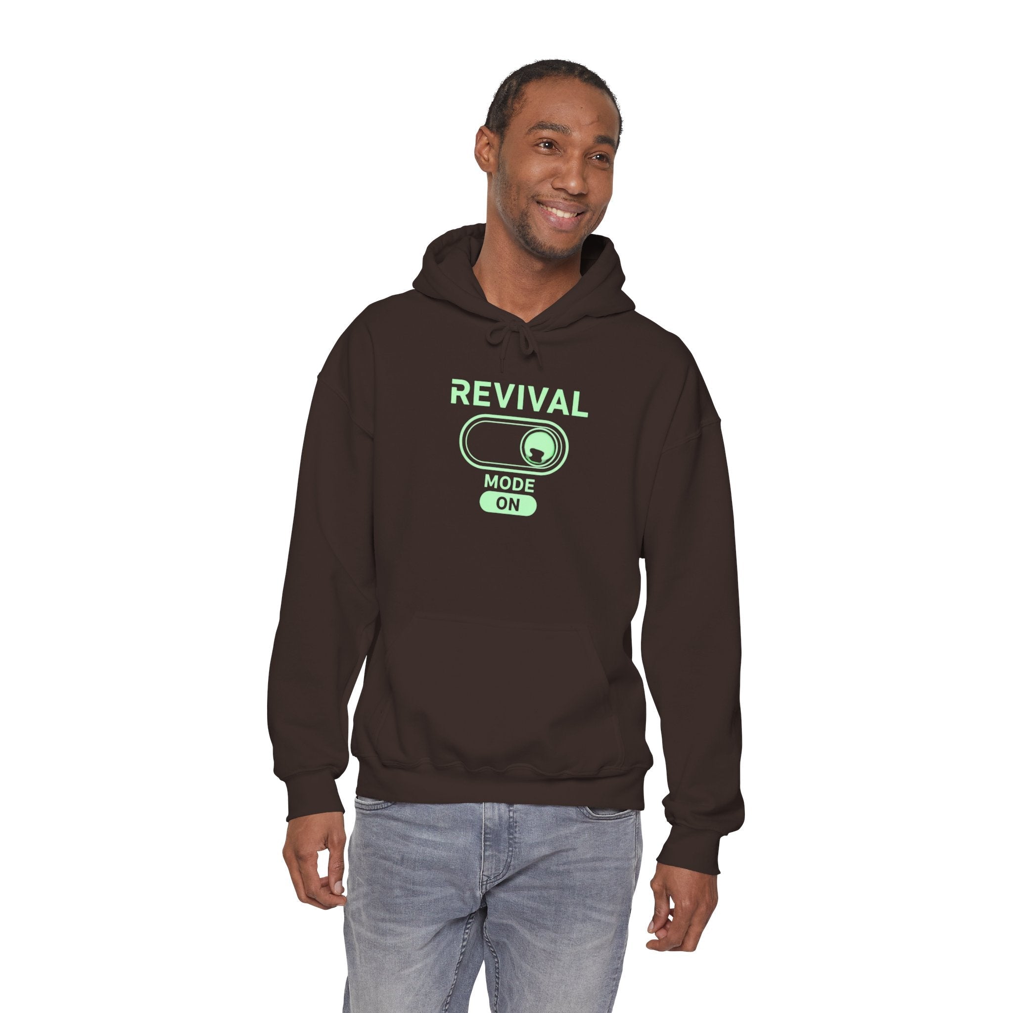 🔥 Revival Mode: ON – Christian Techwear Hoodie | Glowing Green Faith Switch | Futuristic Jesus Shirt | Activate Your Spiritual Awakening | Uplifted Gear Printify