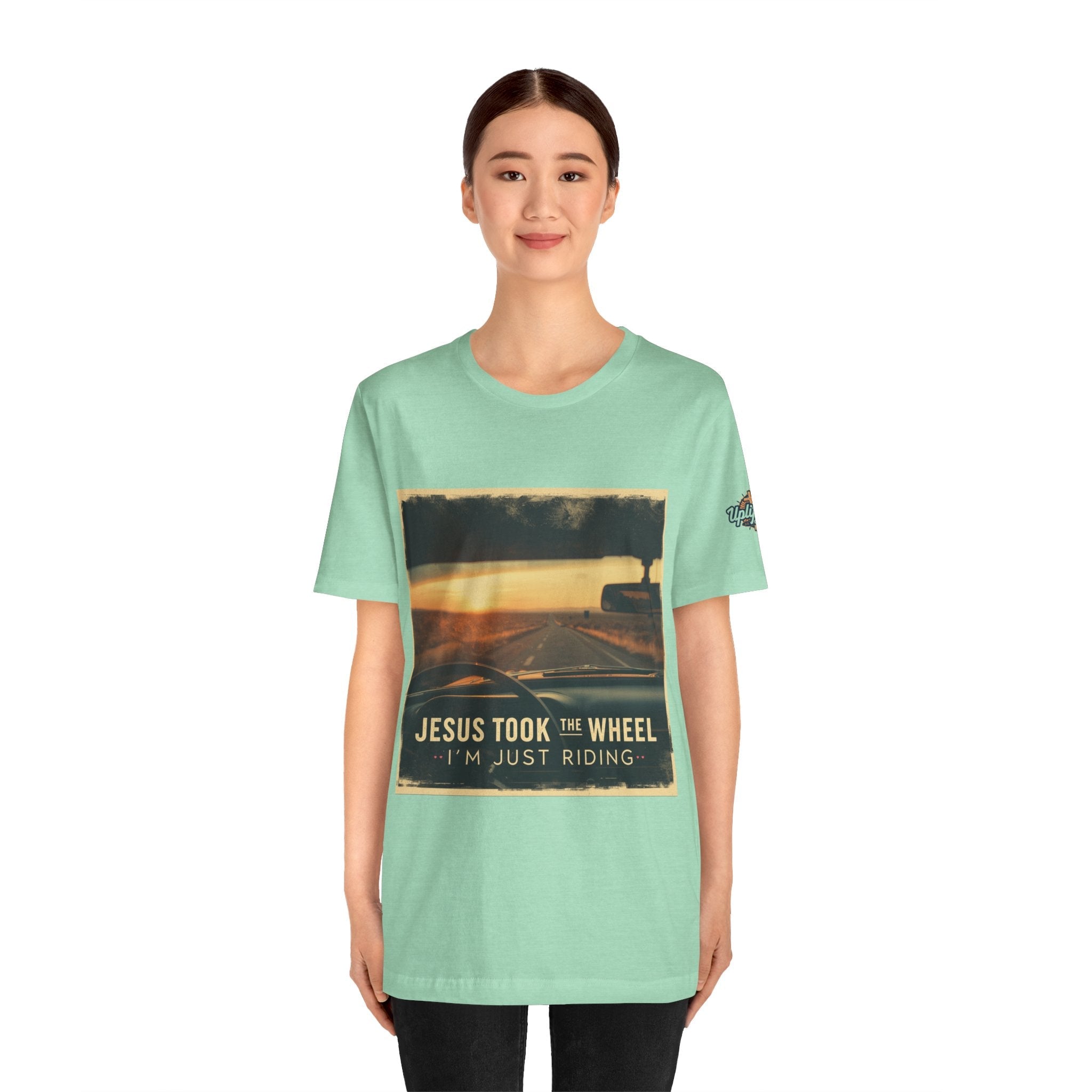 Jesus Took the Wheel I'm Just Riding T-shirt – Funny Christian Convertible Car T-shirt for Surrendered Faith & Humor Printify