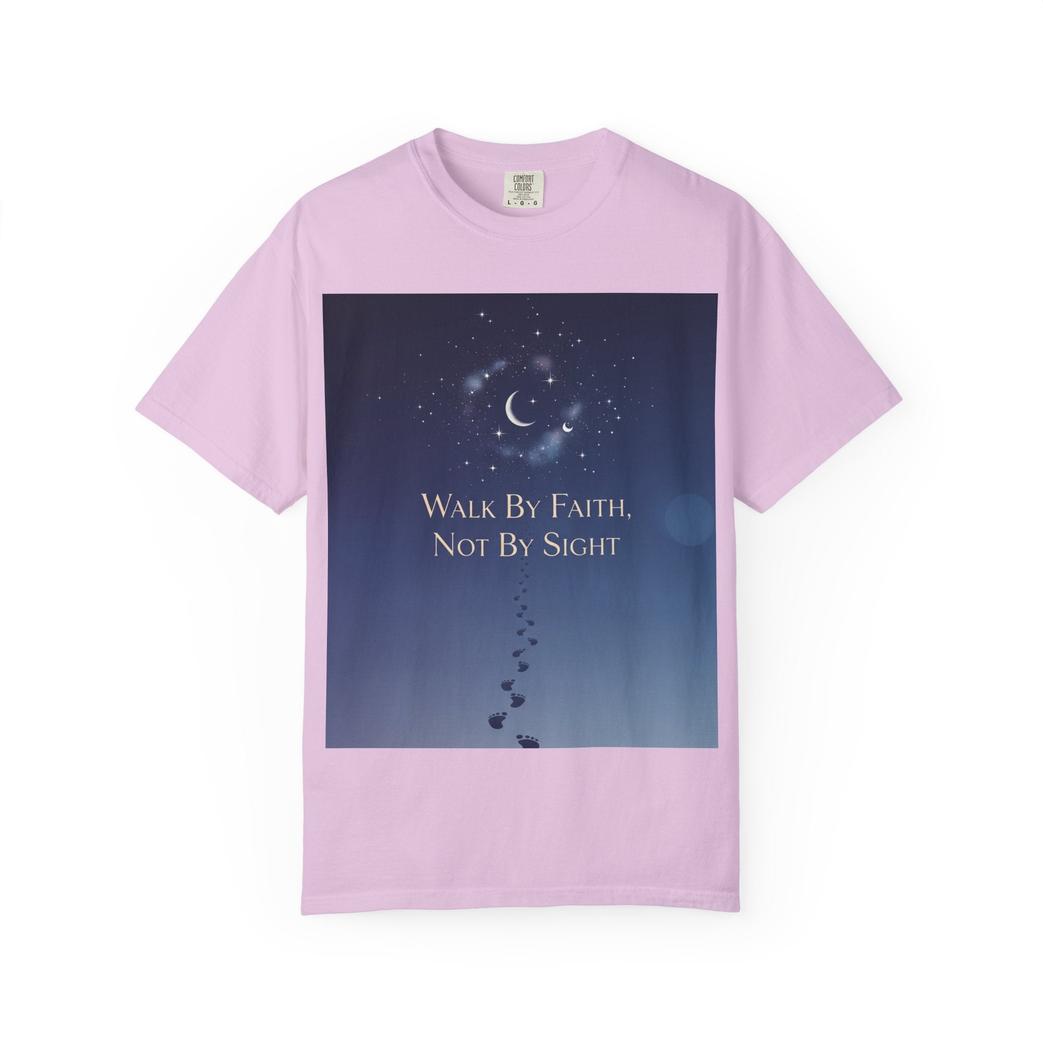 Walk by Faith, Not by Sight T-Shirt – Footprints in the Sand Christian Moonlit Tee Printify