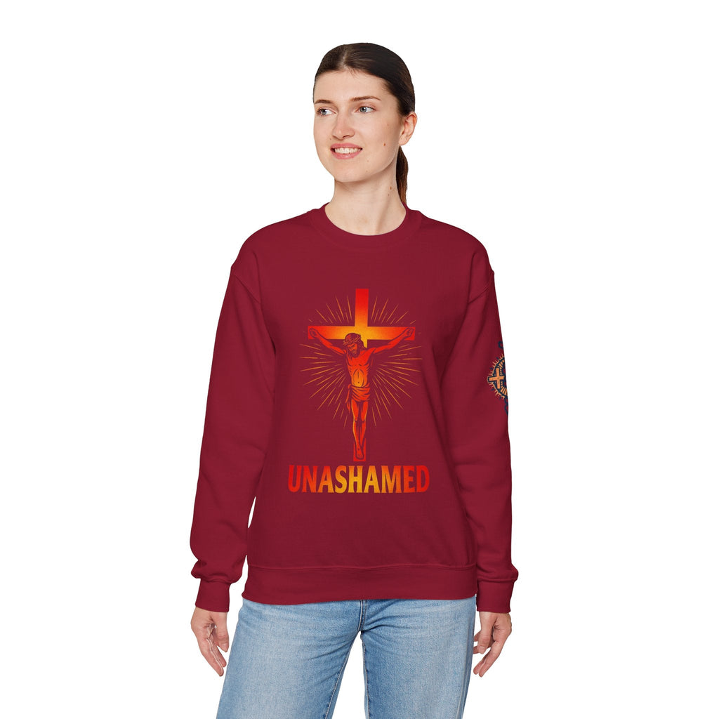 Unashamed Sweatshirt – Romans 1:16 Crucifixion Christian Sweatshirt for Bold Unwavering Faith Printify