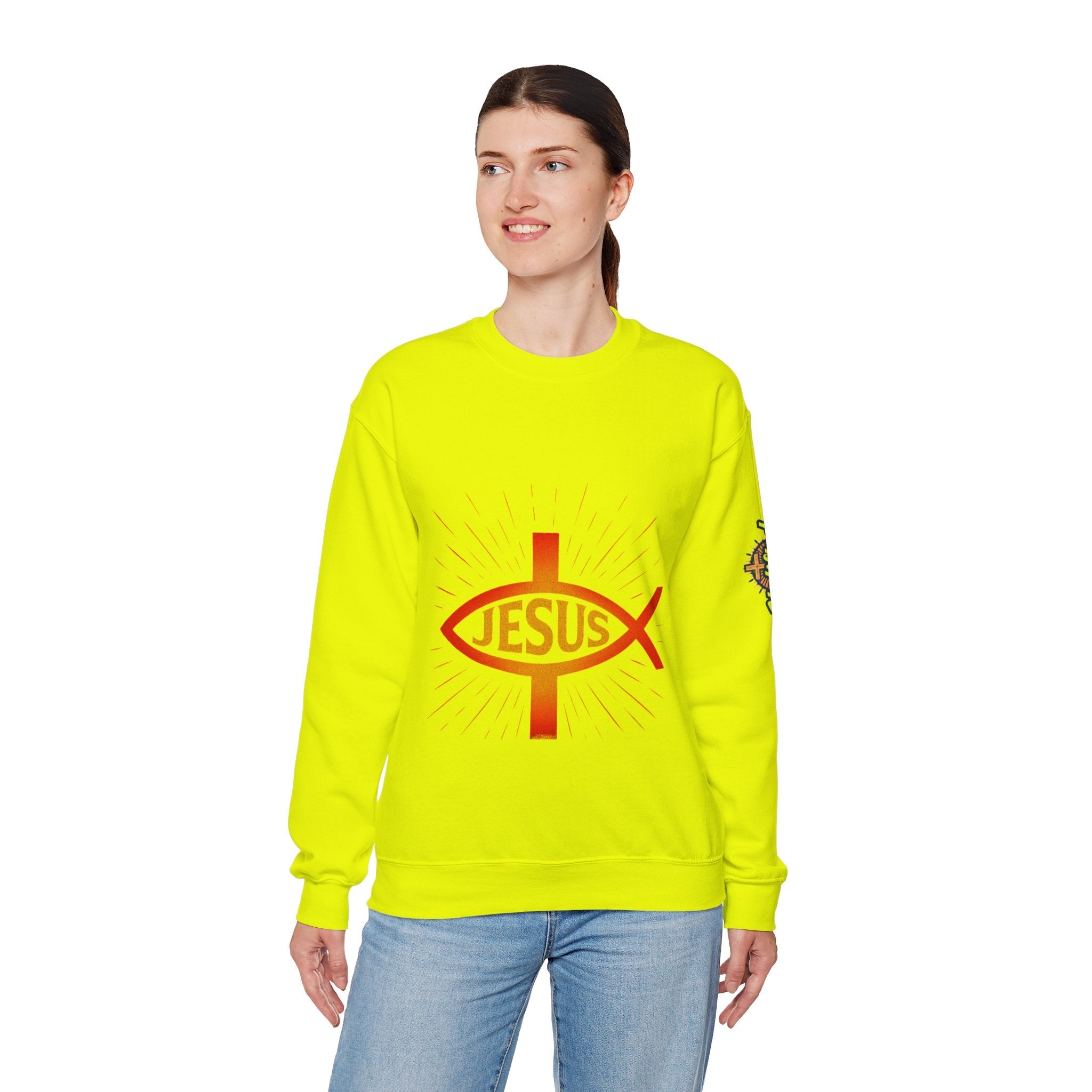 Jesus Ichthys Sweatshirt – Christian Fish Symbol with Cross & Jesus Inscription Sweatshirt for Eternal Faith & Streetwear Printify