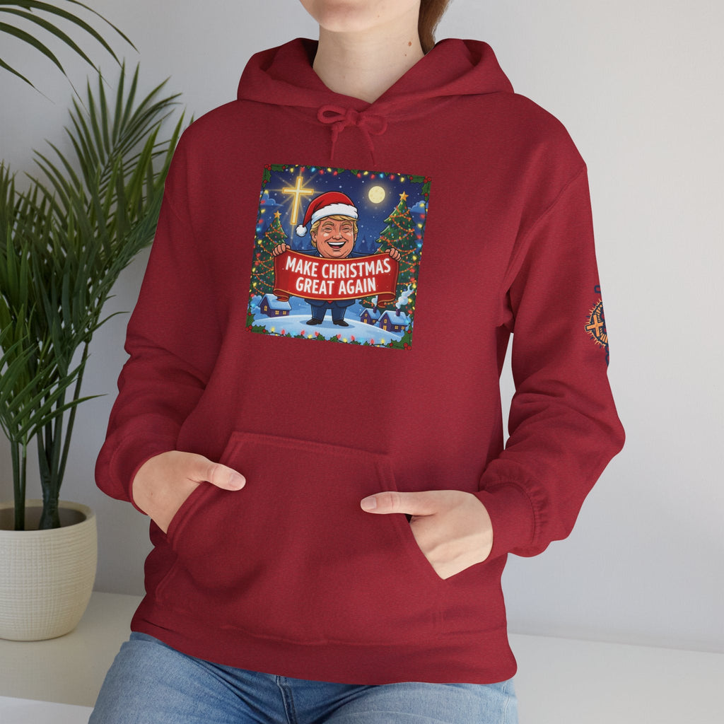🎄 Make Christmas Great Again – Patriotic Christian Christmas Hoodie | Bold Holiday Faith Tee | Red & White Banner Design | Uplifted Gear Printify