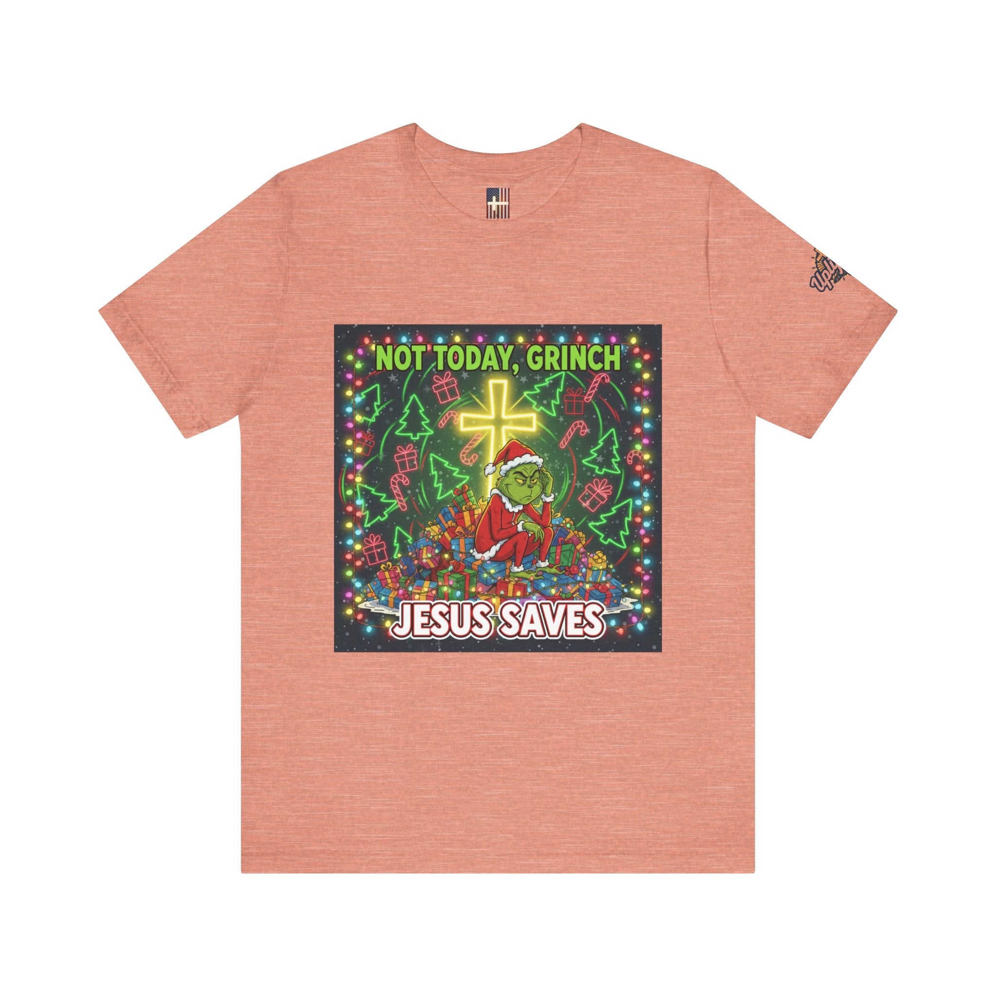 🎄 Not Today, Grinch – Jesus Saves | Funny Christian Christmas T-Shirt | Festive Green & Red Cartoon Style | Bold Faith Holiday Tee by Uplifted Gear Printify