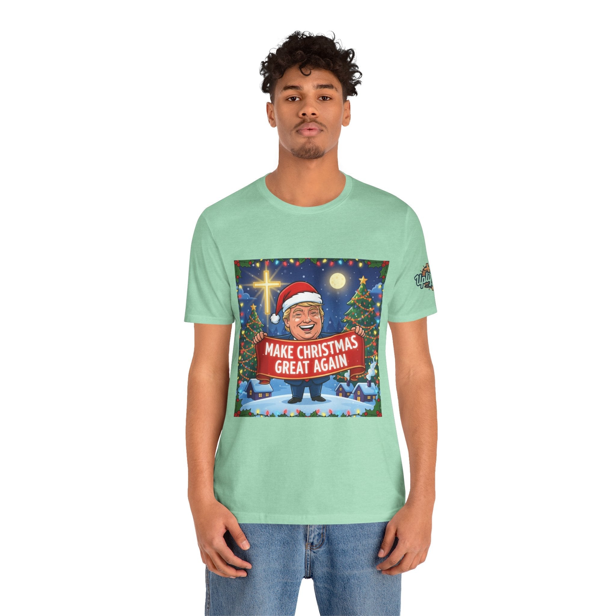 🎄 Make Christmas Great Again – Patriotic Christian Christmas T-Shirt | Bold Holiday Faith Tee | Red & White Banner Design | Uplifted Gear Printify