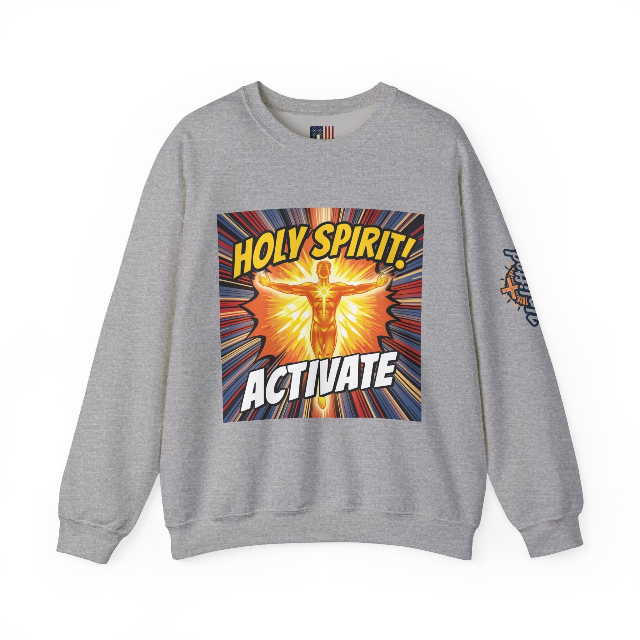 Holy Spirit Activate Sweatshirt – Superhero Christian Sweatshirt with Vibrant Power-Up Design for Faith-Fueled Boldness Printify