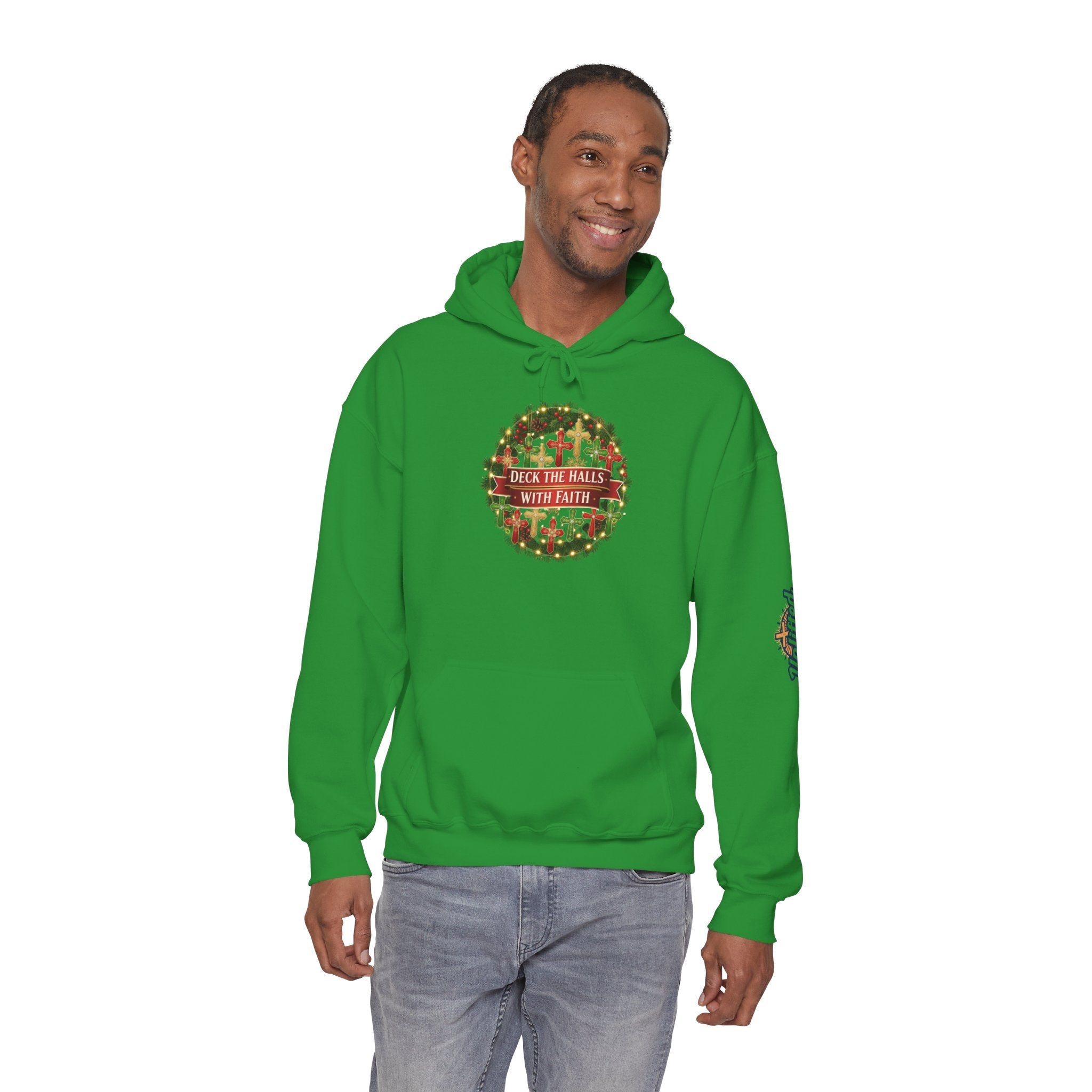 🎄 Deck the Halls with Faith – Christian Christmas Hoodie | Cross Ornament Design & Festive Garland | Bold Holiday Faith Tee by Uplifted Gear Printify