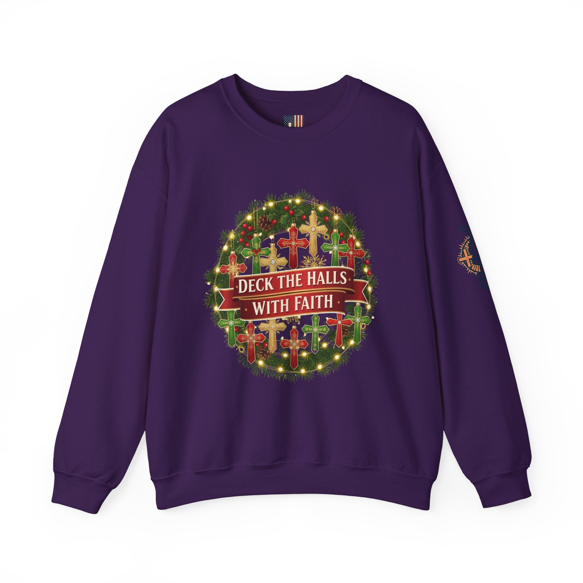 🎄 Deck the Halls with Faith – Christian Christmas Sweatshirt | Cross Ornament Design & Festive Garland | Bold Holiday Faith Tee by Uplifted Gear Printify