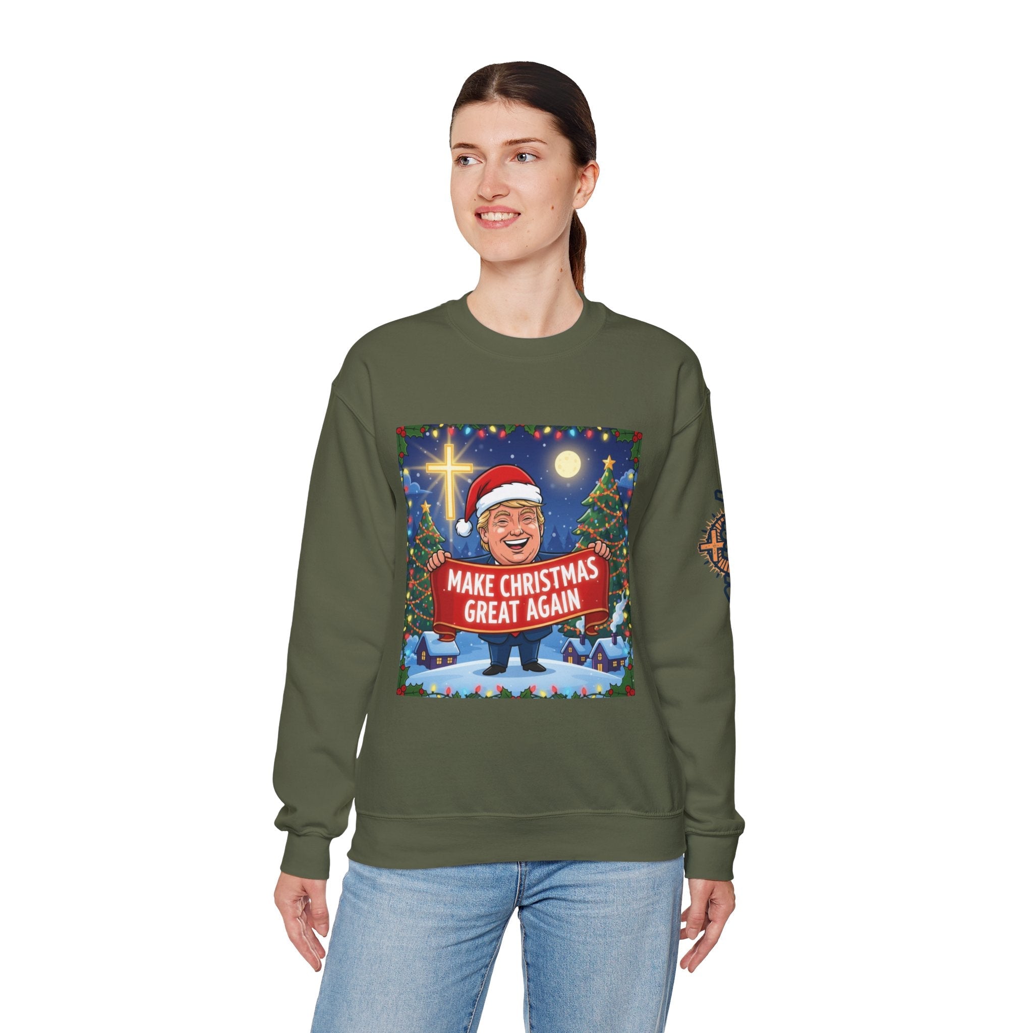 🎄 Make Christmas Great Again – Patriotic Christian Christmas Sweatshirt | Bold Holiday Faith Tee | Red & White Banner Design | Uplifted Gear Printify