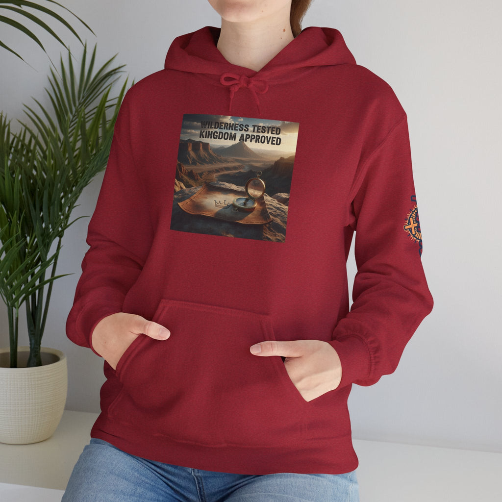Wilderness Tested Kingdom Approved Hoodie – Mountain Desert Compass Crown Christian Sweatshirt for Biblical Adventure Faith Printify