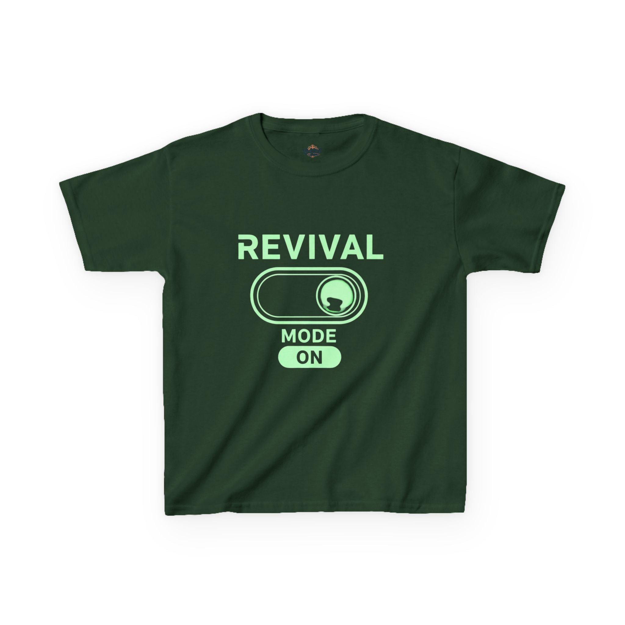 🔥 Revival Mode: ON – Christian Techwear Kids T-Shirt | Glowing Green Faith Switch | Futuristic Jesus Shirt | Activate Your Spiritual Awakening | Uplifted Gear Printify