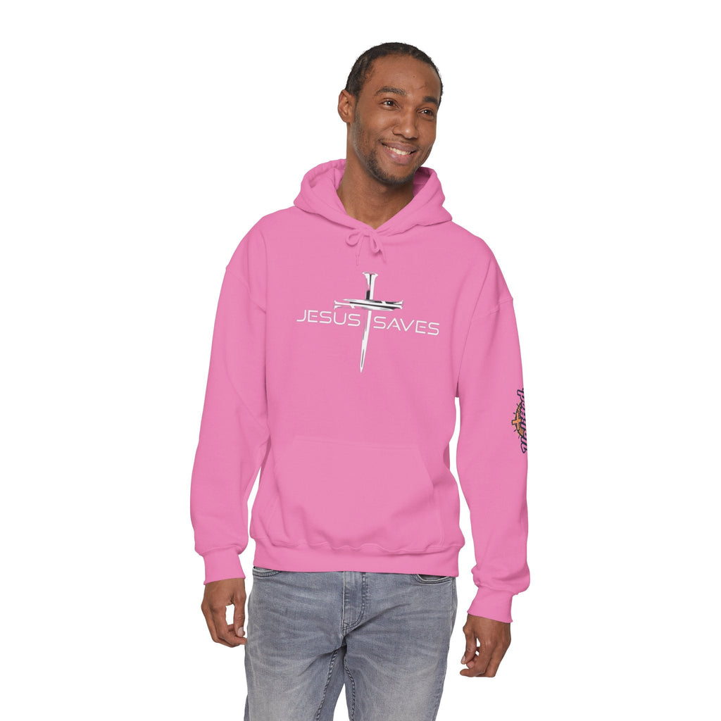 Jesus Saves Hoodie – 3 Nails Crucifix Cross Christian Sweatshirt for Redemption Faith & Bold Salvation Printify