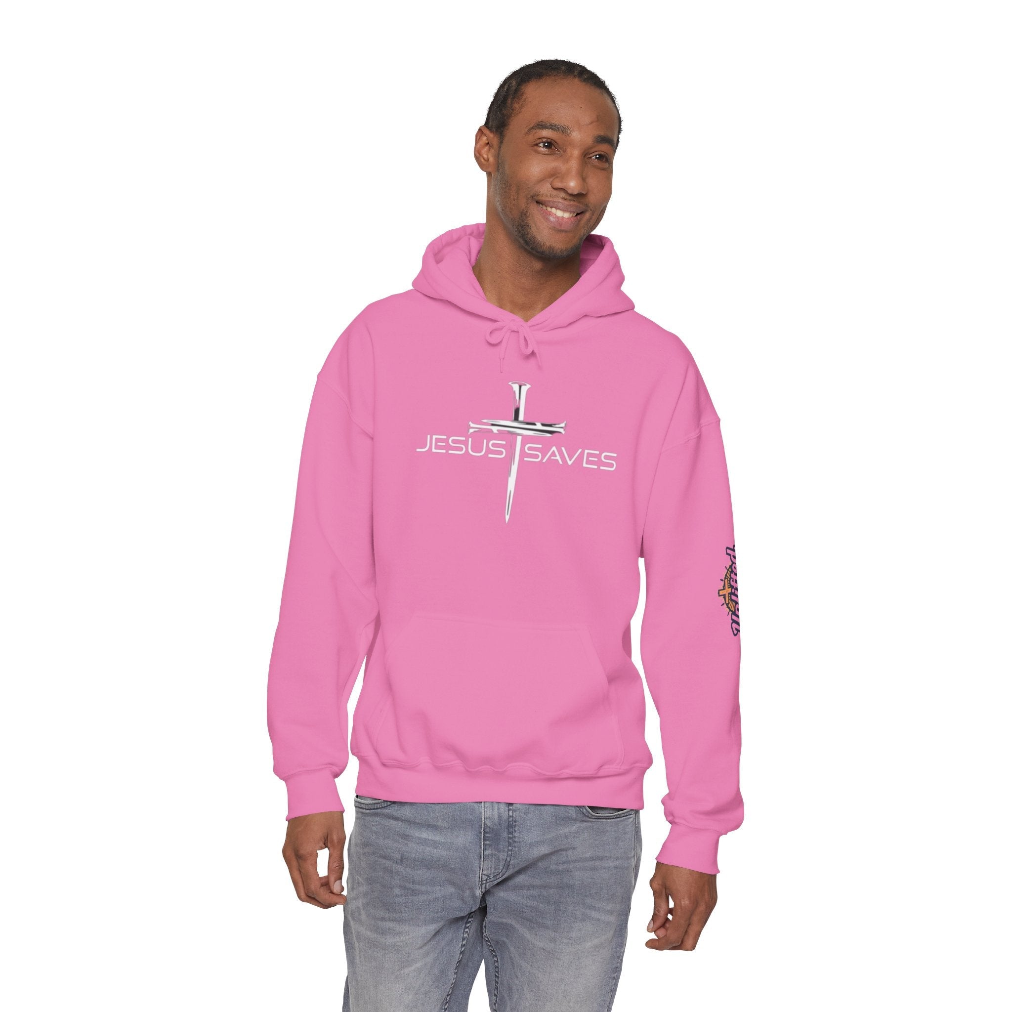 Jesus Saves Hoodie – 3 Nails Crucifix Cross Christian Sweatshirt for Redemption Faith & Bold Salvation Printify