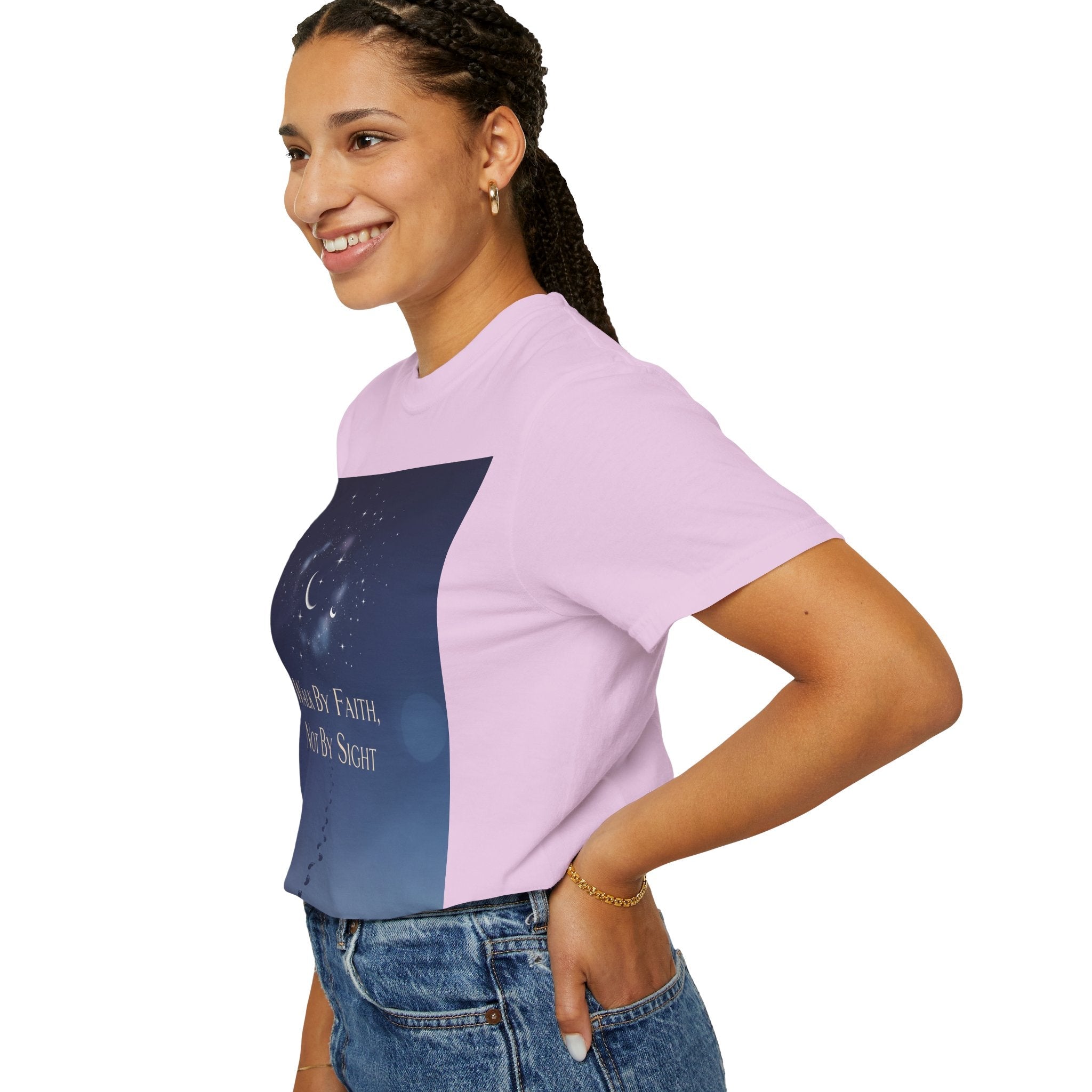 Walk by Faith, Not by Sight T-Shirt – Footprints in the Sand Christian Moonlit Tee Printify