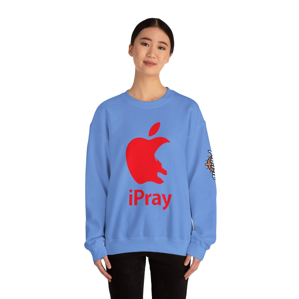 iPray Apple Logo Sweatshirt — Funny Christian Sweatshirt (Minimal Red Apple Graphic) Printify