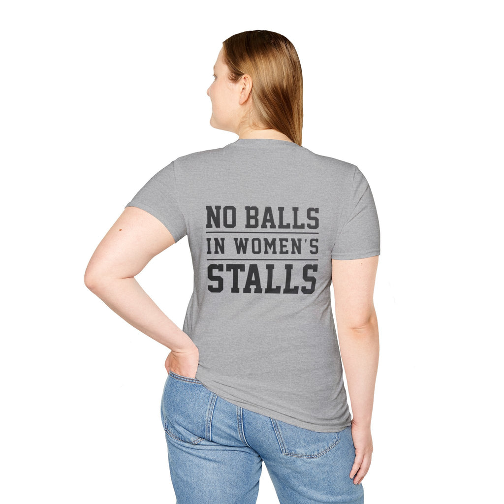 The Lord Says No Balls in Women's Stalls Statement T-Shirt Printify